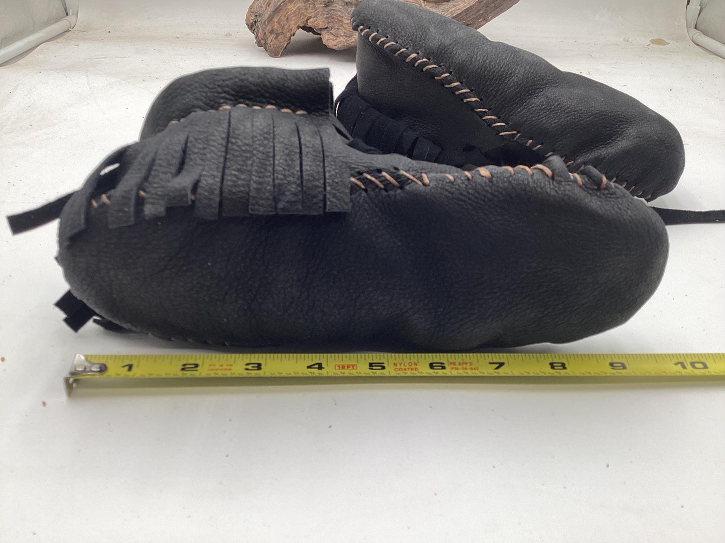 Handmade Black Leather Moccasins – Anishinaabe/Ojibwe Artisan, Size 7/8