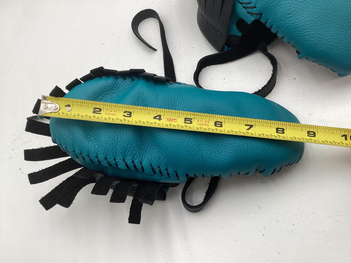 Handmade Black and Blue Leather Moccasins – Anishinaabe/Ojibwe Artisan, Size: Small