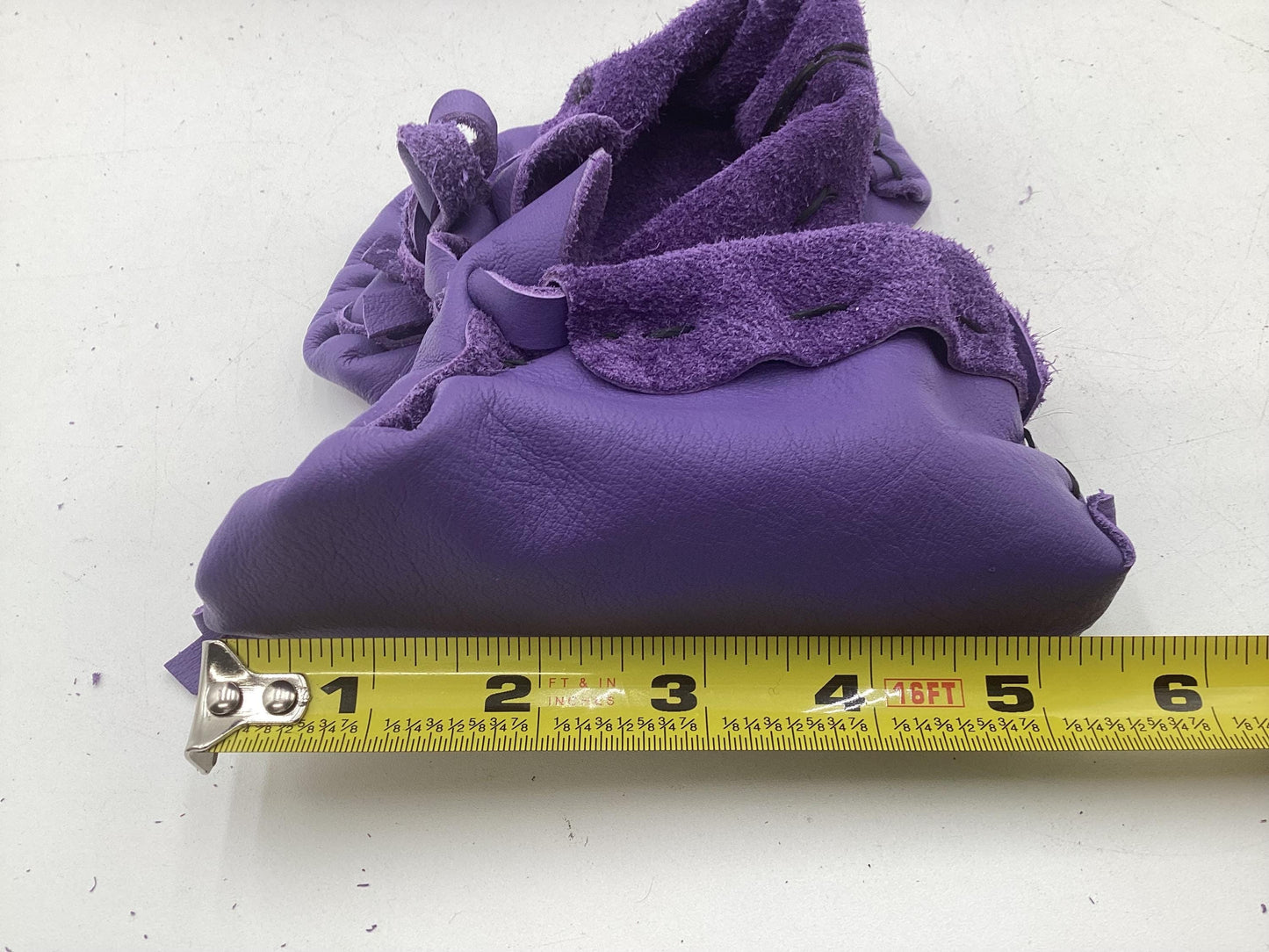 Handmade Purple Leather Toddler Moccasins – Ojibwe Anishinaabe Pucker Toe Style. Size Small
