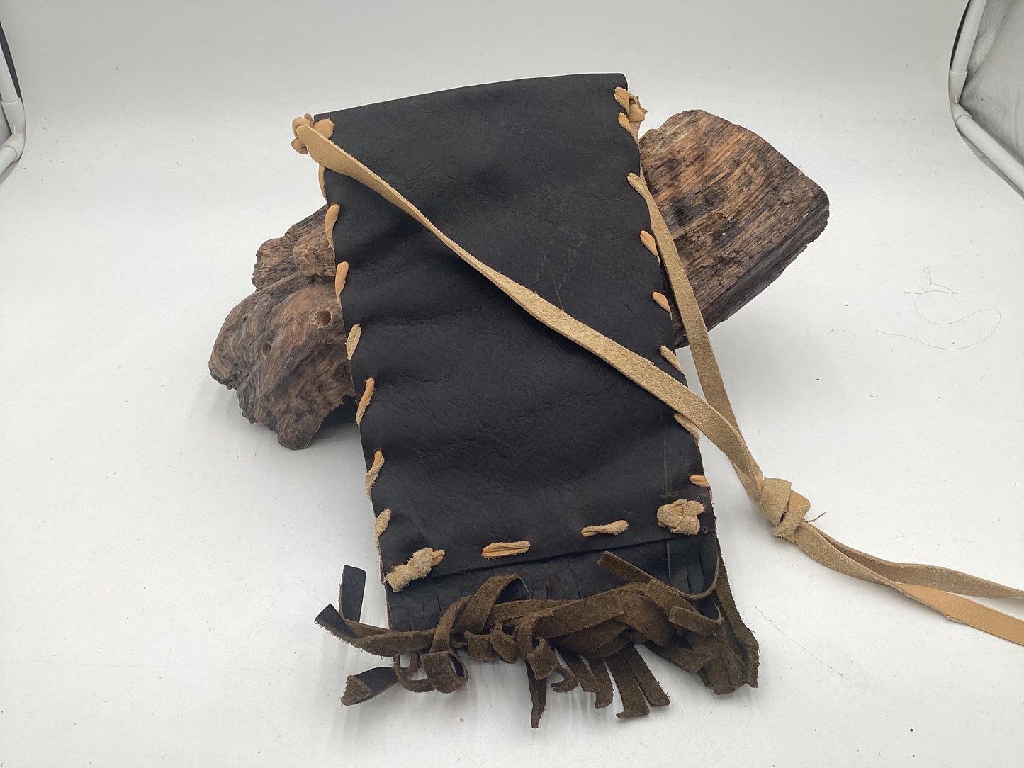 Hand Made Black Leather Bag - Authentic Anishinaabe/Ojibwe Made - Free Shipping