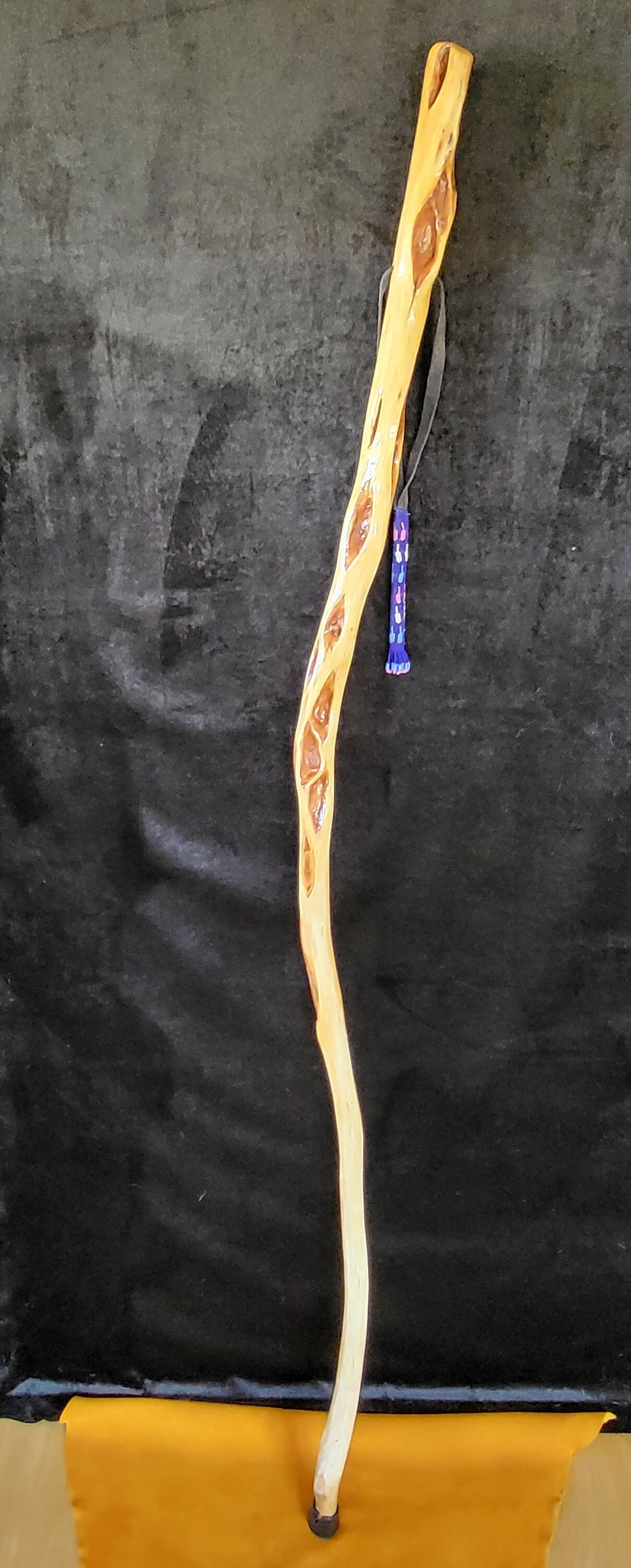 60 Inch Diamond Willow Staff: Hand Carved Walking Stick With Beaded Tassel