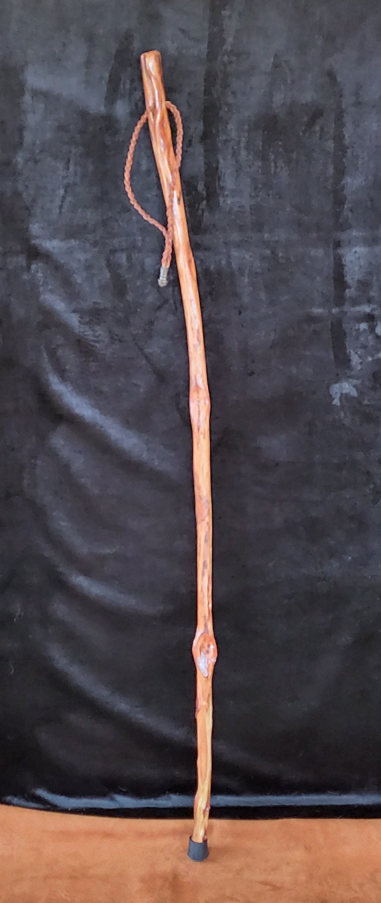 Hand Carved Diamond Willow Hiking Staff - Braided Leather Cord, 53 Inch