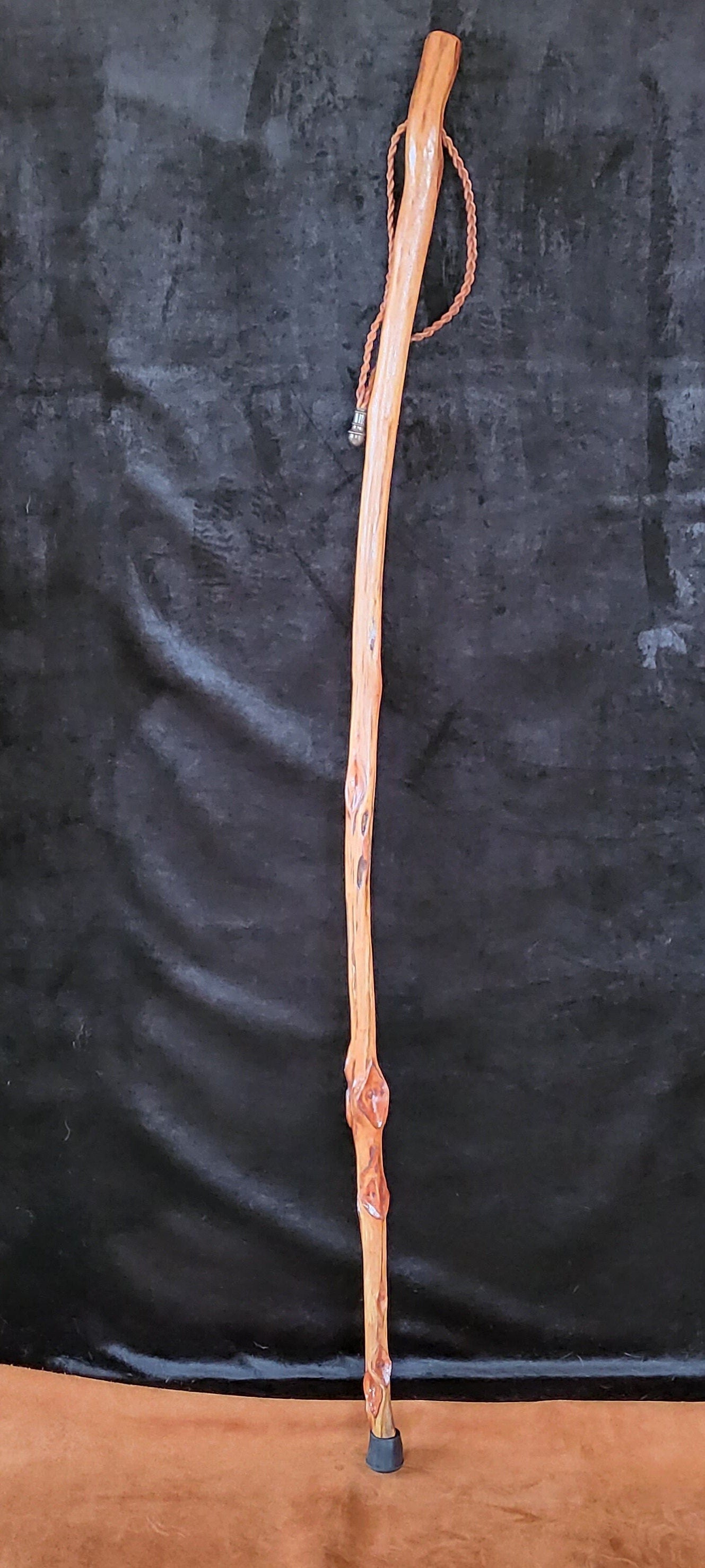 Hand Carved Diamond Willow Hiking Staff - Braided Leather Cord, 53 Inch