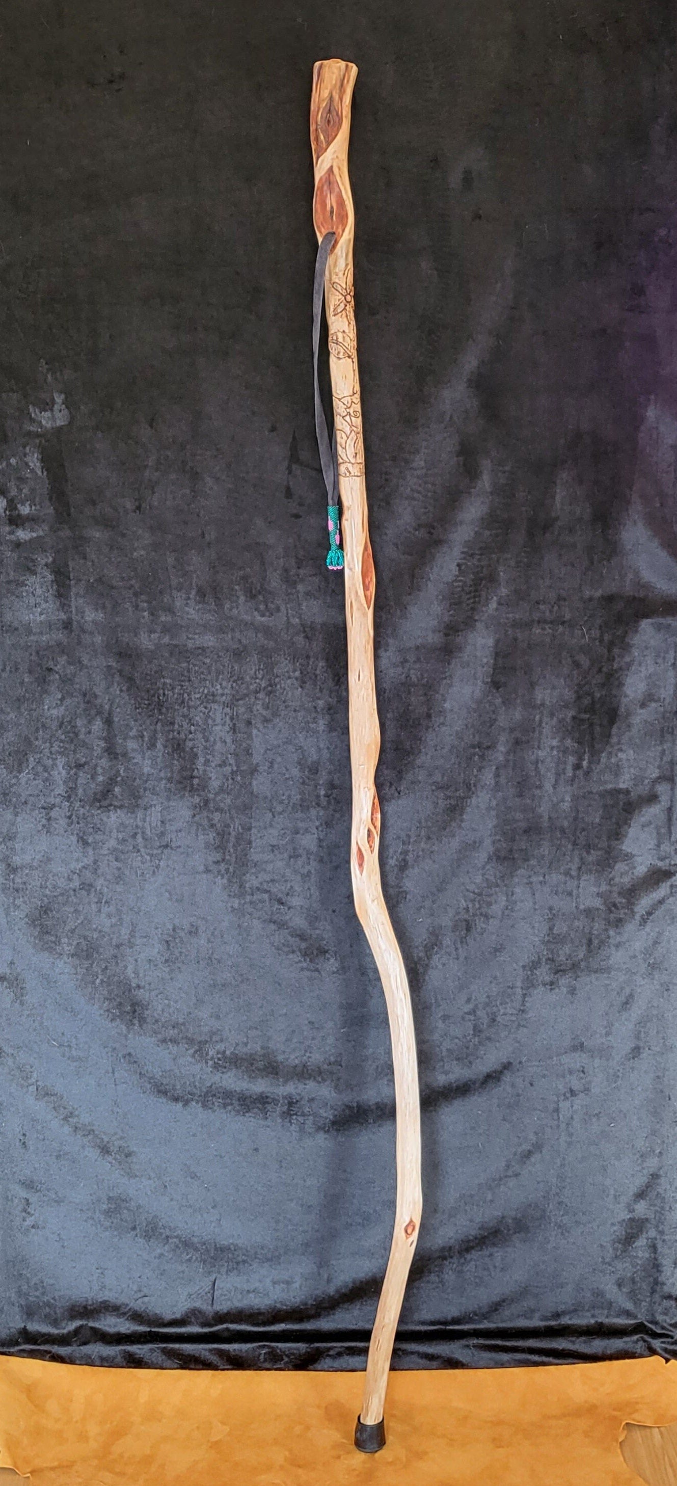 Carved Diamond Willow Staff: Ojibwe Floral Design, Beaded Tassel