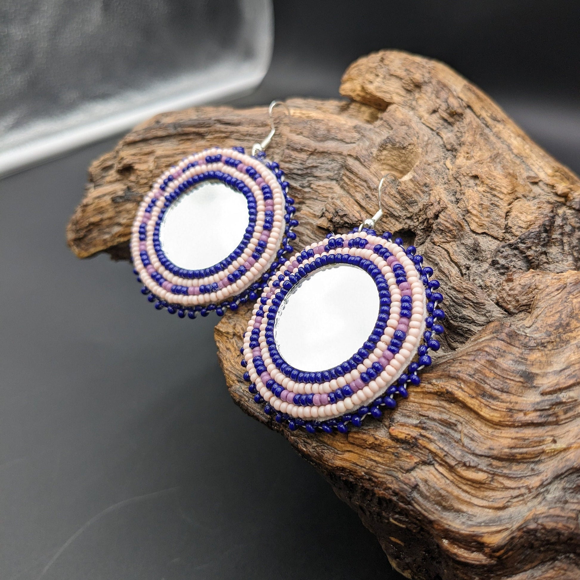 Hand-Beaded Mirror Earrings - Ojibwe/Anishinaabe Made