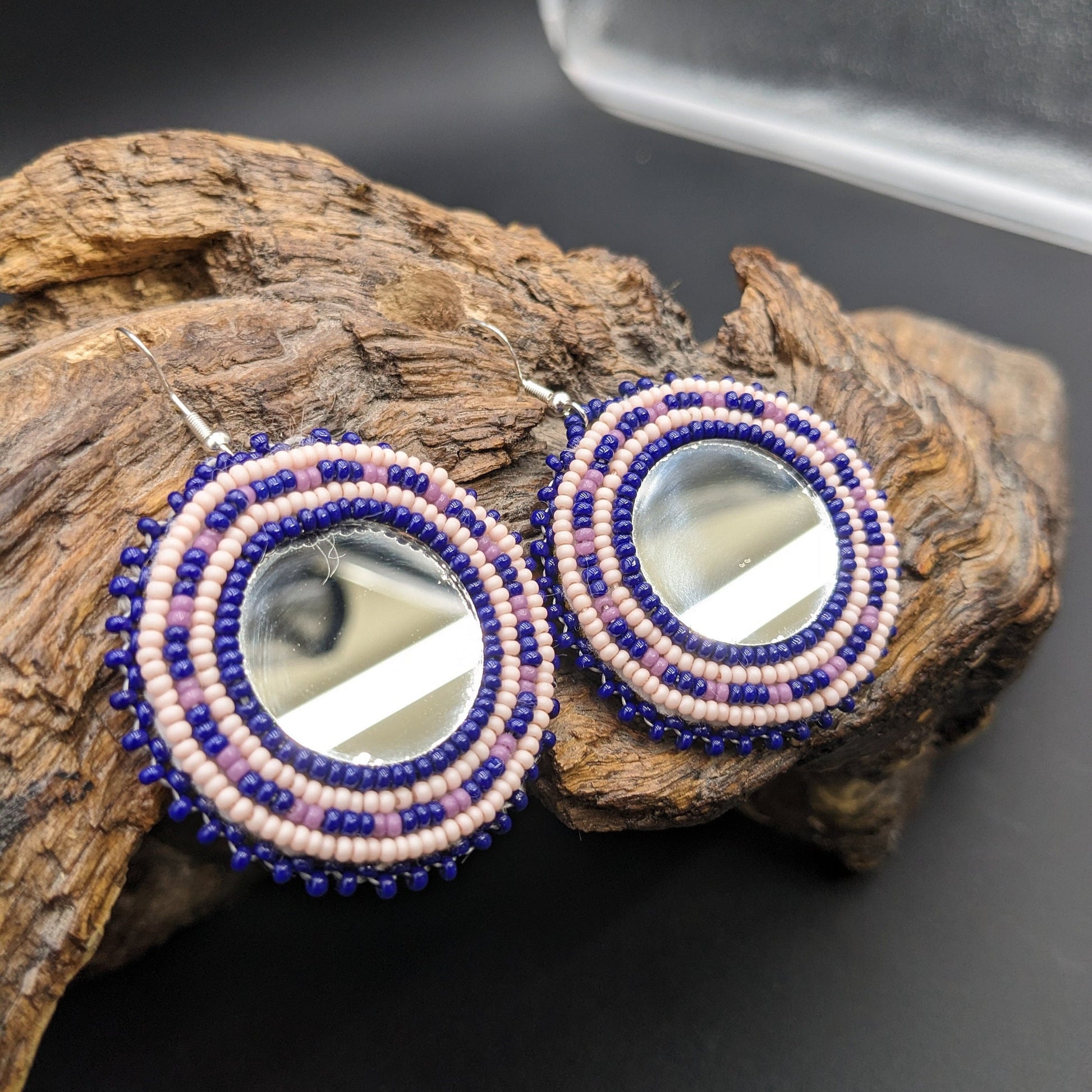 Hand-Beaded Mirror Earrings - Ojibwe/Anishinaabe Made
