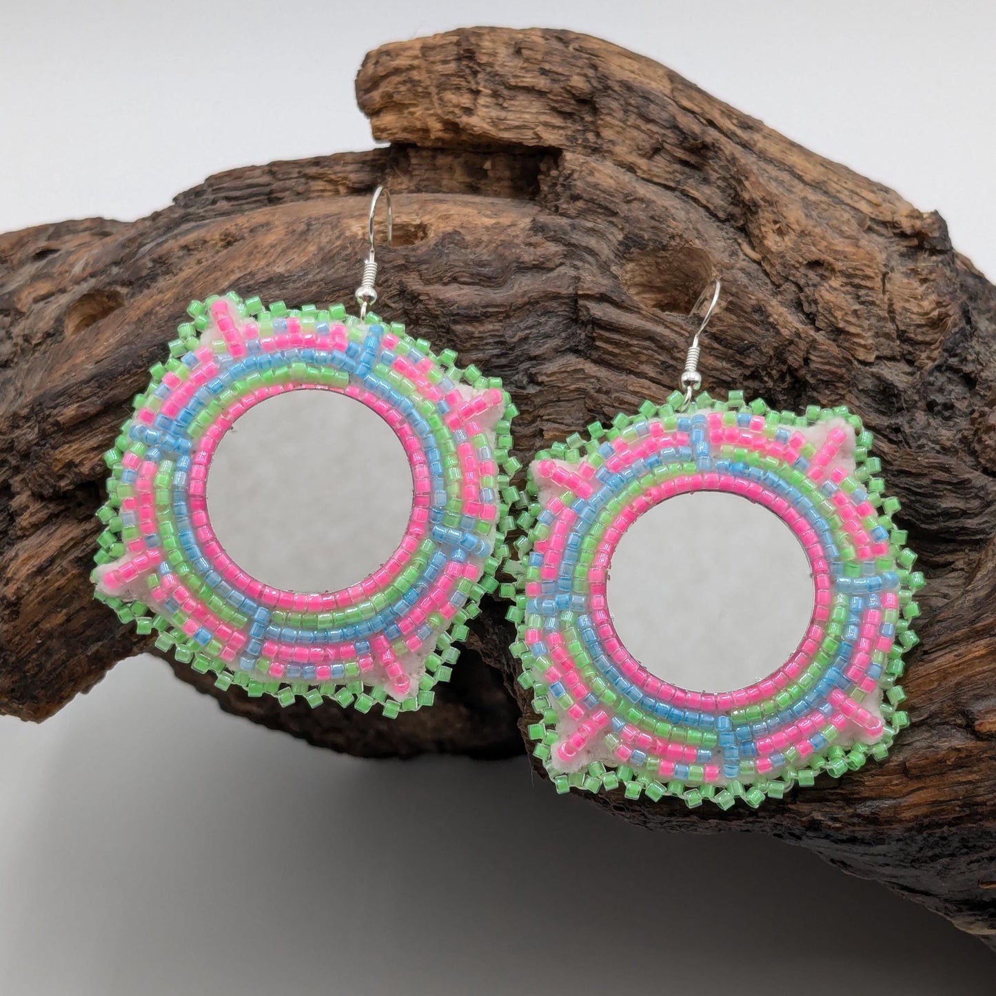 Hand Beaded Mirror Earrings: Anishinaabe/Ojibwe Design