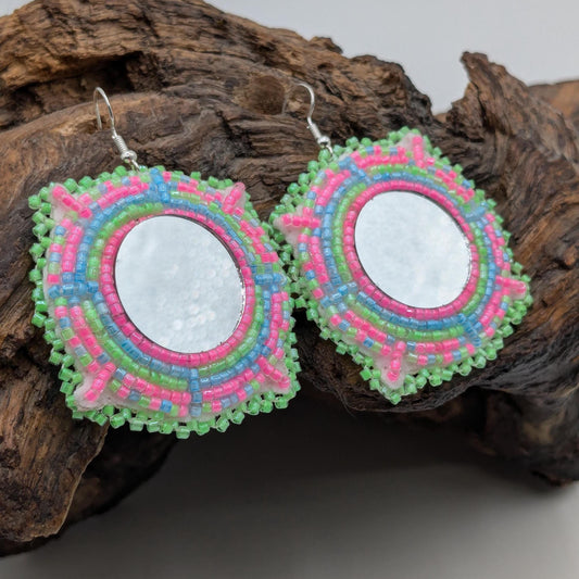 Hand Beaded Mirror Earrings: Anishinaabe/Ojibwe Design