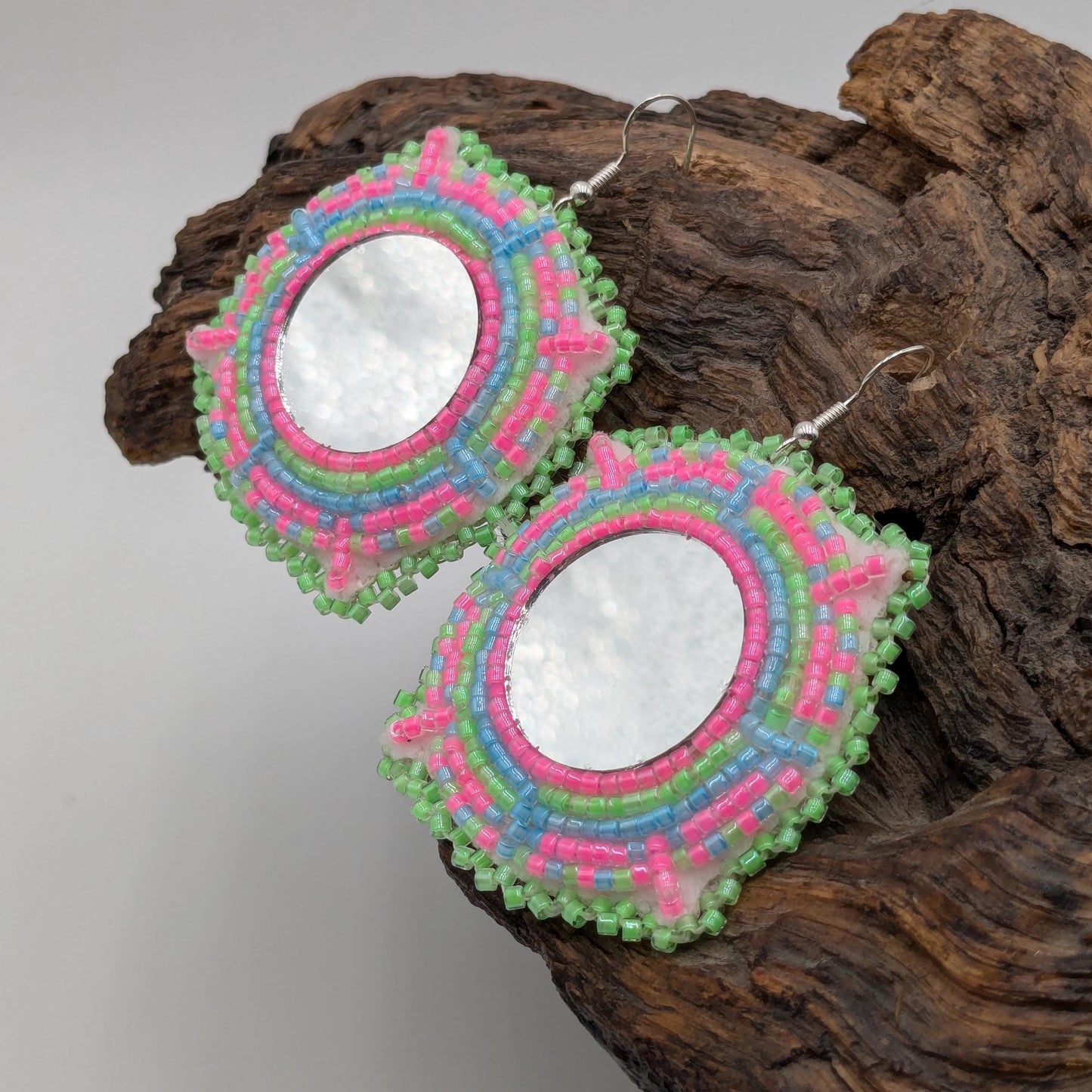 Hand Beaded Mirror Earrings: Anishinaabe/Ojibwe Design