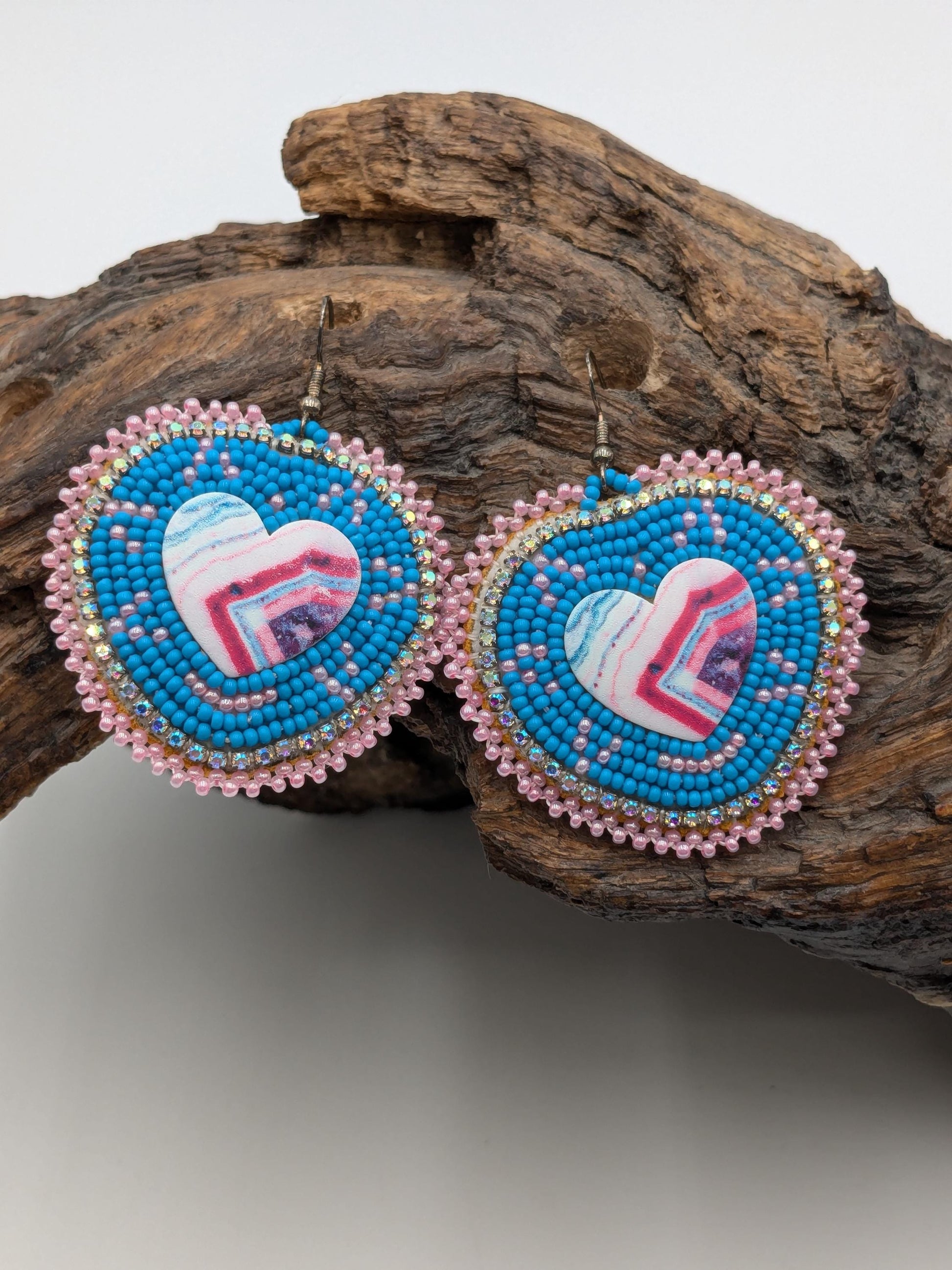 Handmade Beaded Heart Earrings: Ojibwe Turquoise Style
