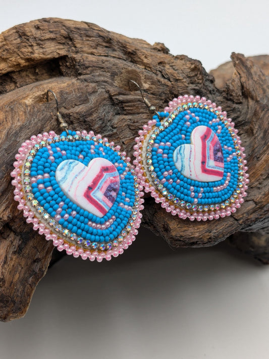 Handmade Beaded Heart Earrings: Ojibwe Turquoise Style