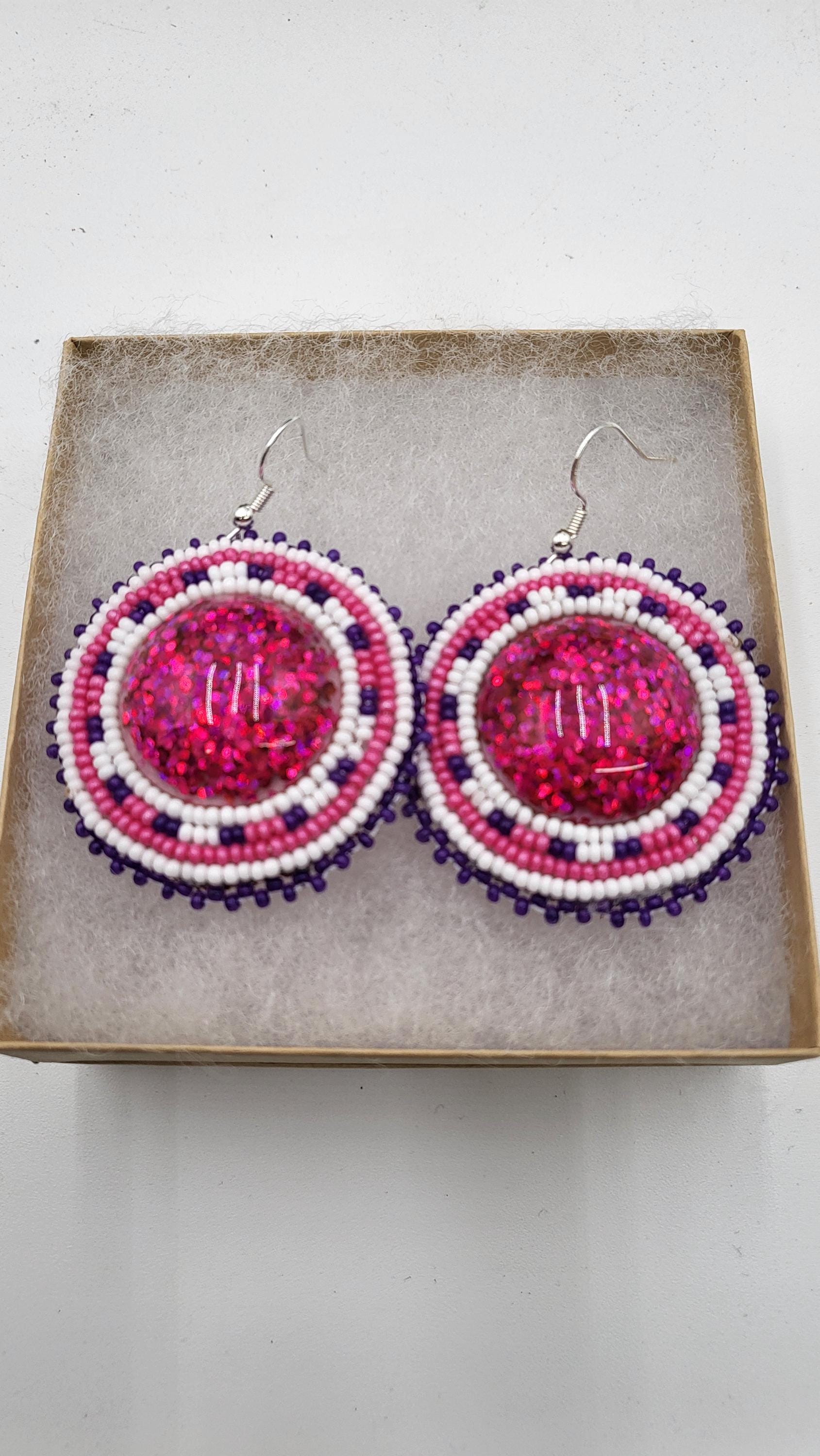 Bright circle Beaded Earrings: Anishinaabe/Ojibwe Beadwork, Pink Resin Center