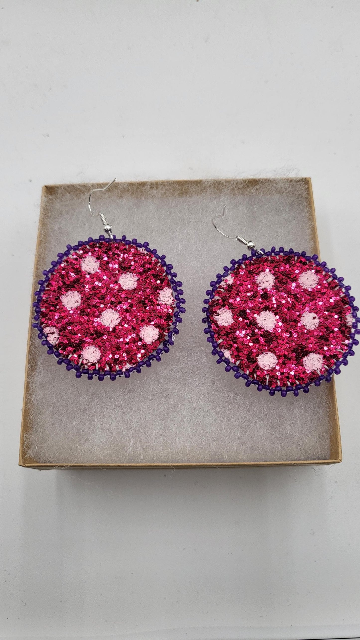Bright circle Beaded Earrings: Anishinaabe/Ojibwe Beadwork, Pink Resin Center