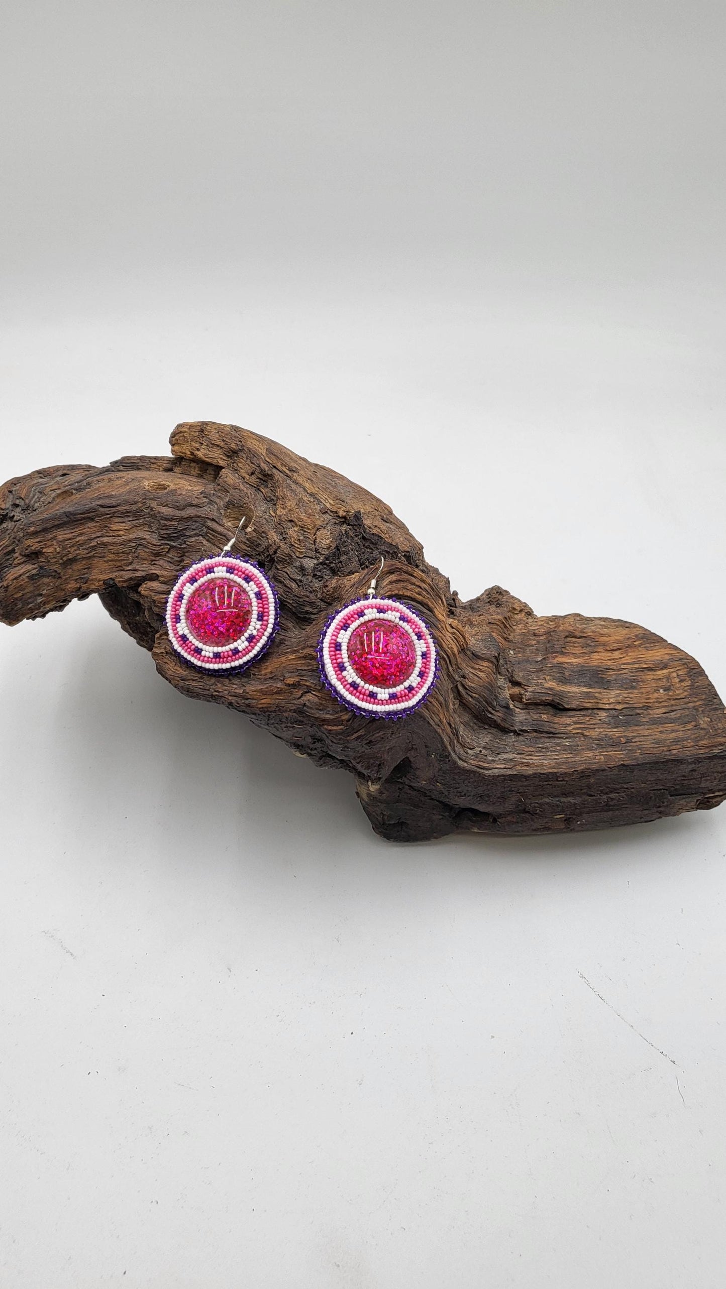 Bright circle Beaded Earrings: Anishinaabe/Ojibwe Beadwork, Pink Resin Center