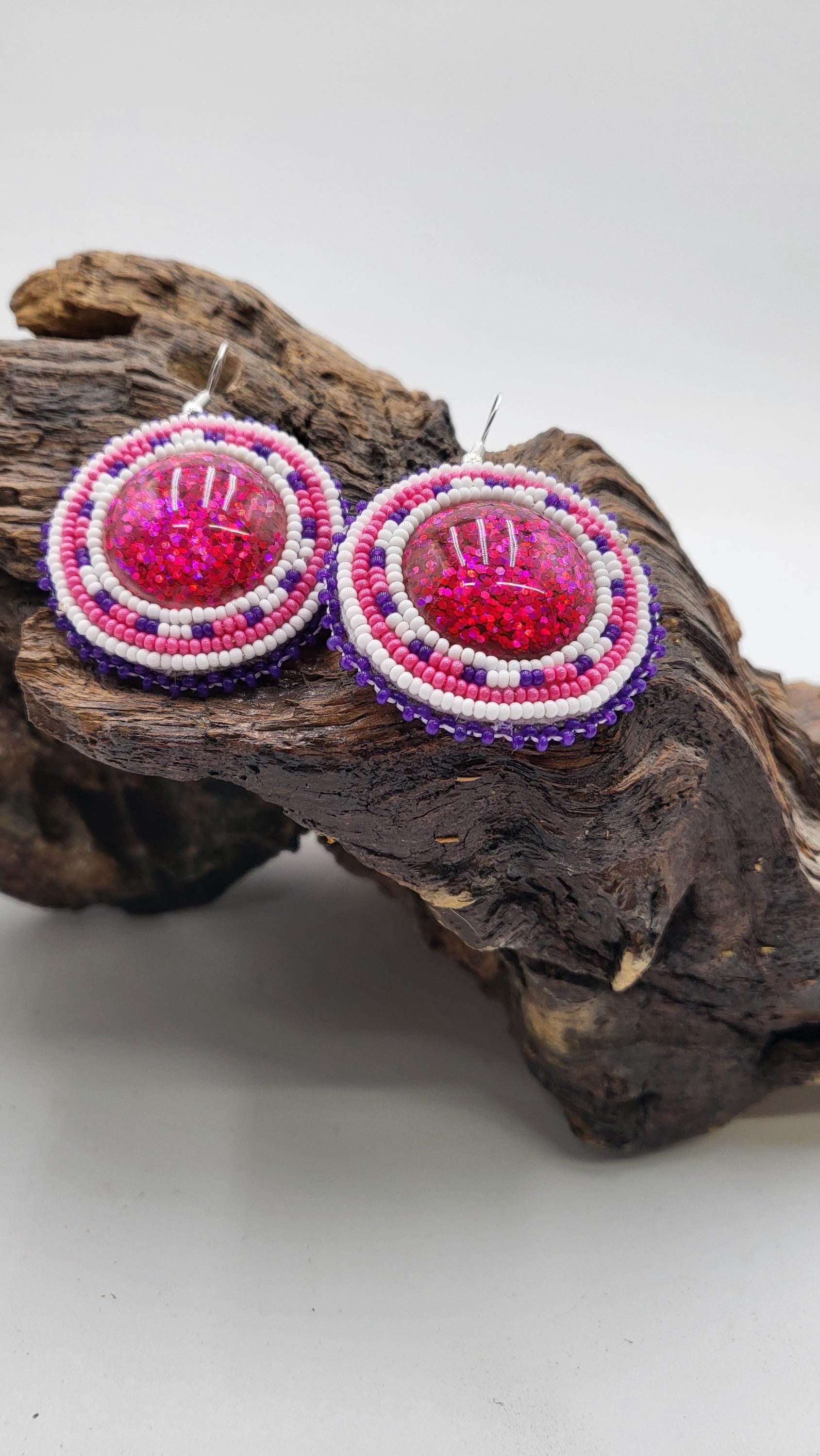 Bright circle Beaded Earrings: Anishinaabe/Ojibwe Beadwork, Pink Resin Center
