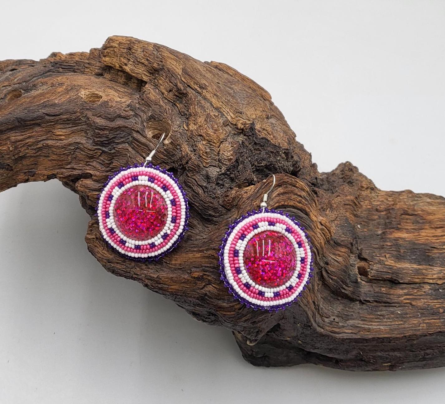 Bright circle Beaded Earrings: Anishinaabe/Ojibwe Beadwork, Pink Resin Center