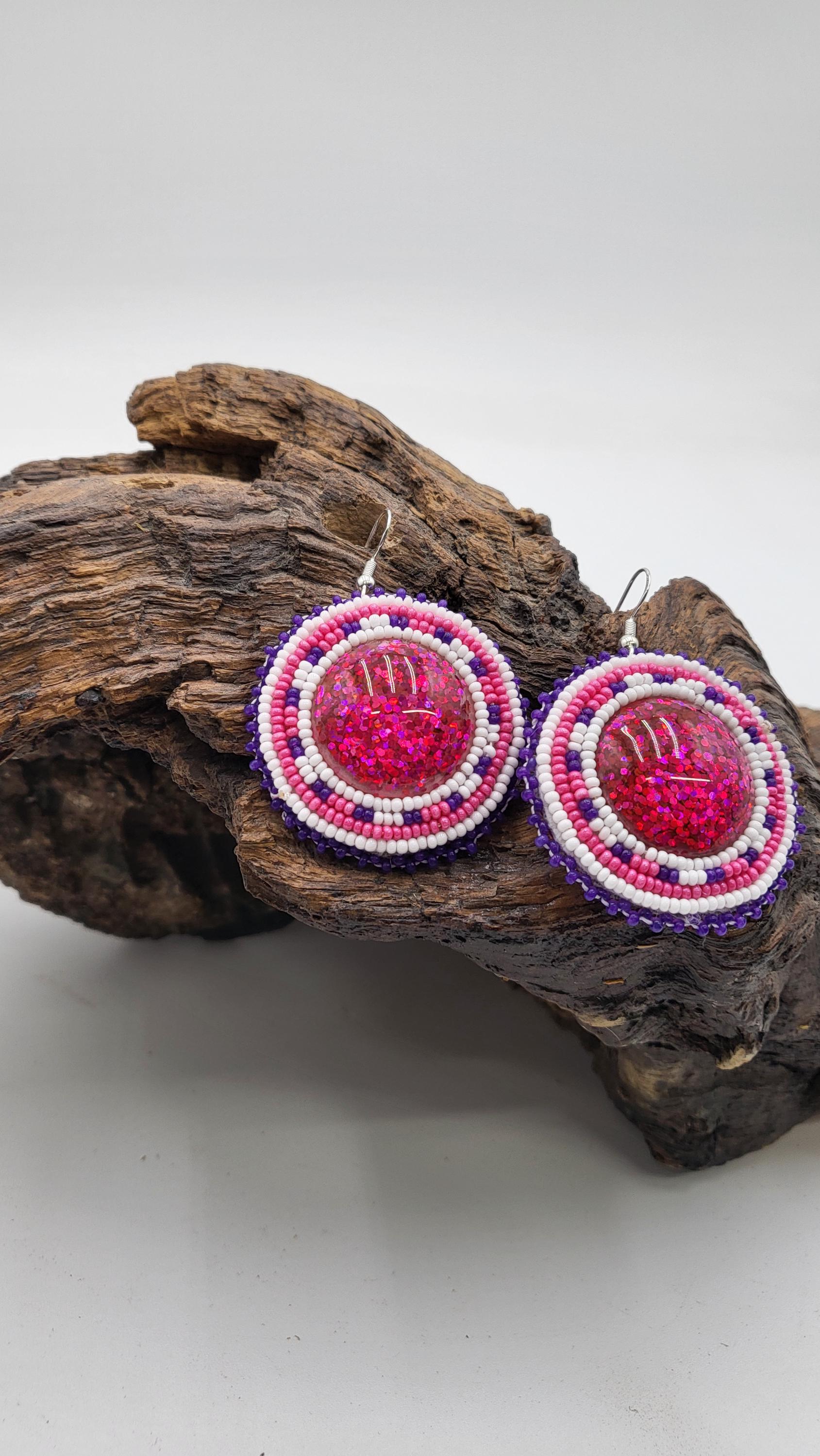 Bright circle Beaded Earrings: Anishinaabe/Ojibwe Beadwork, Pink Resin Center