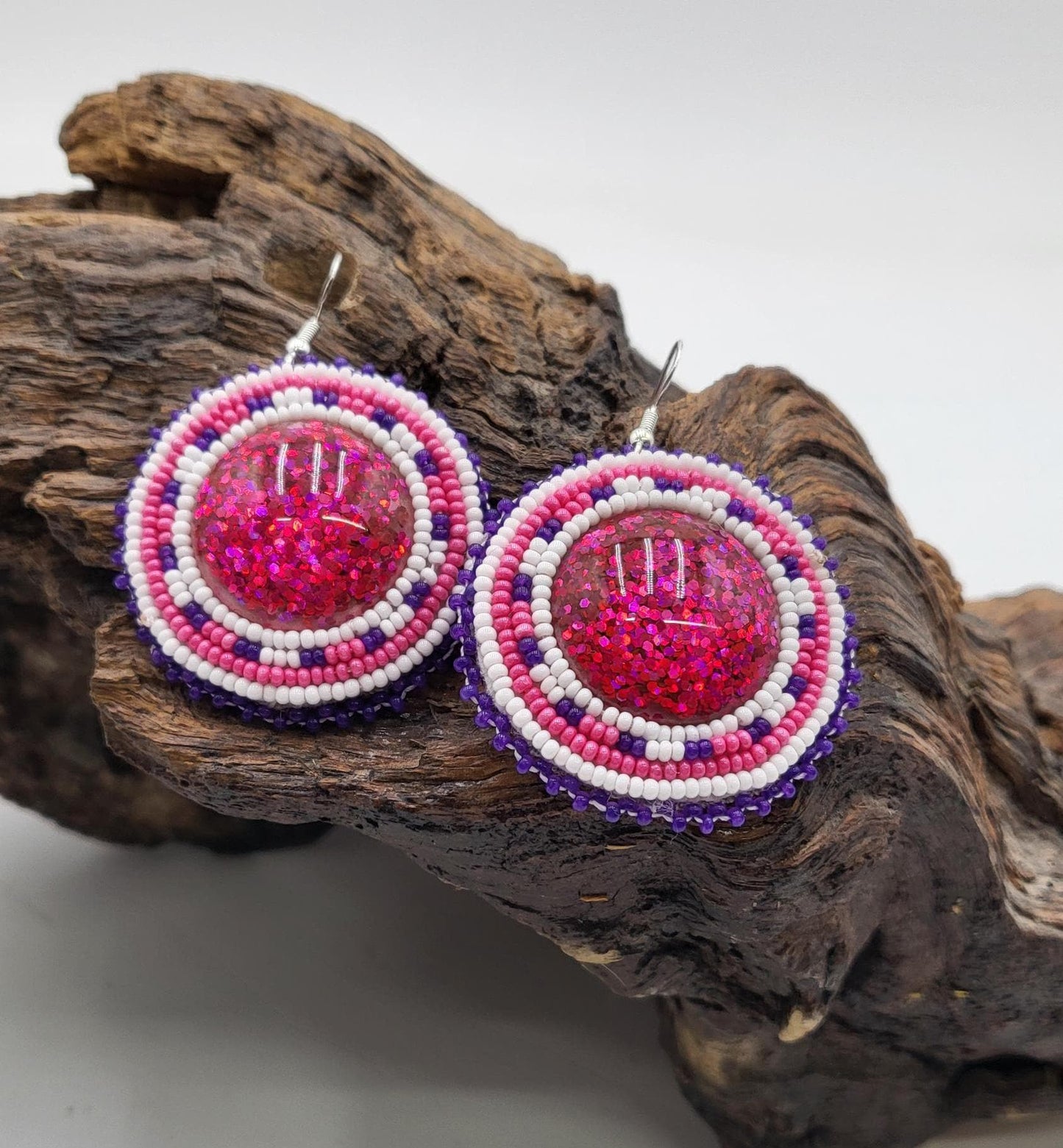 Bright circle Beaded Earrings: Anishinaabe/Ojibwe Beadwork, Pink Resin Center