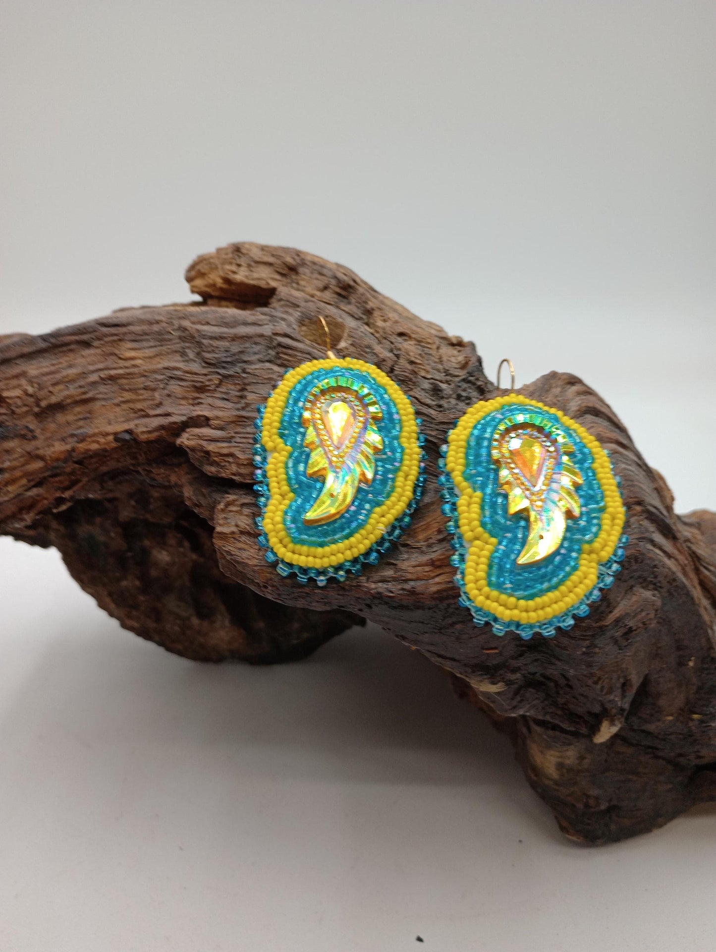 Hand Beaded Earrings: Anishinaabe/Ojibwe Beadwork, Light Blue & Yellow