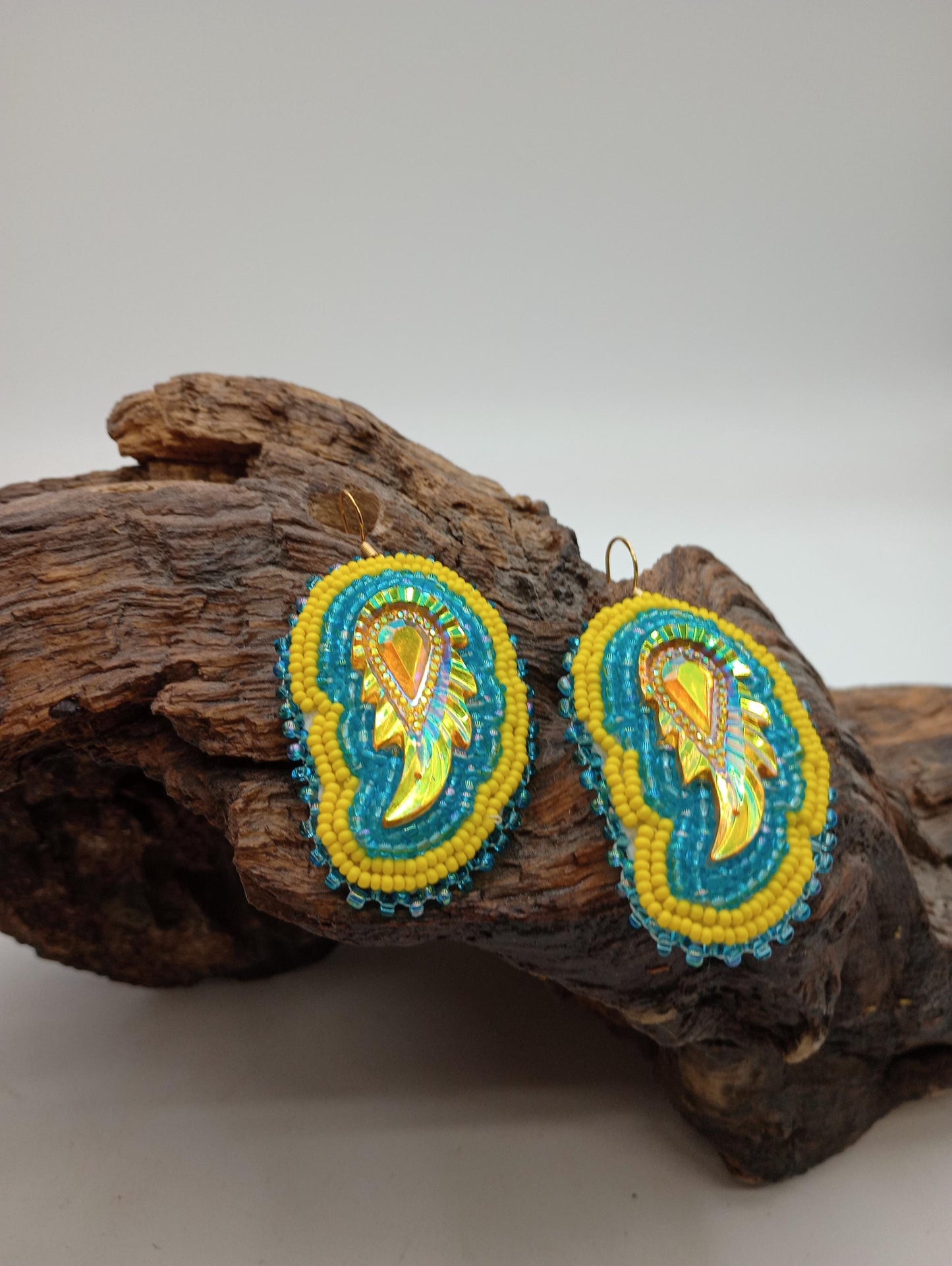 Hand Beaded Earrings: Anishinaabe/Ojibwe Beadwork, Light Blue & Yellow