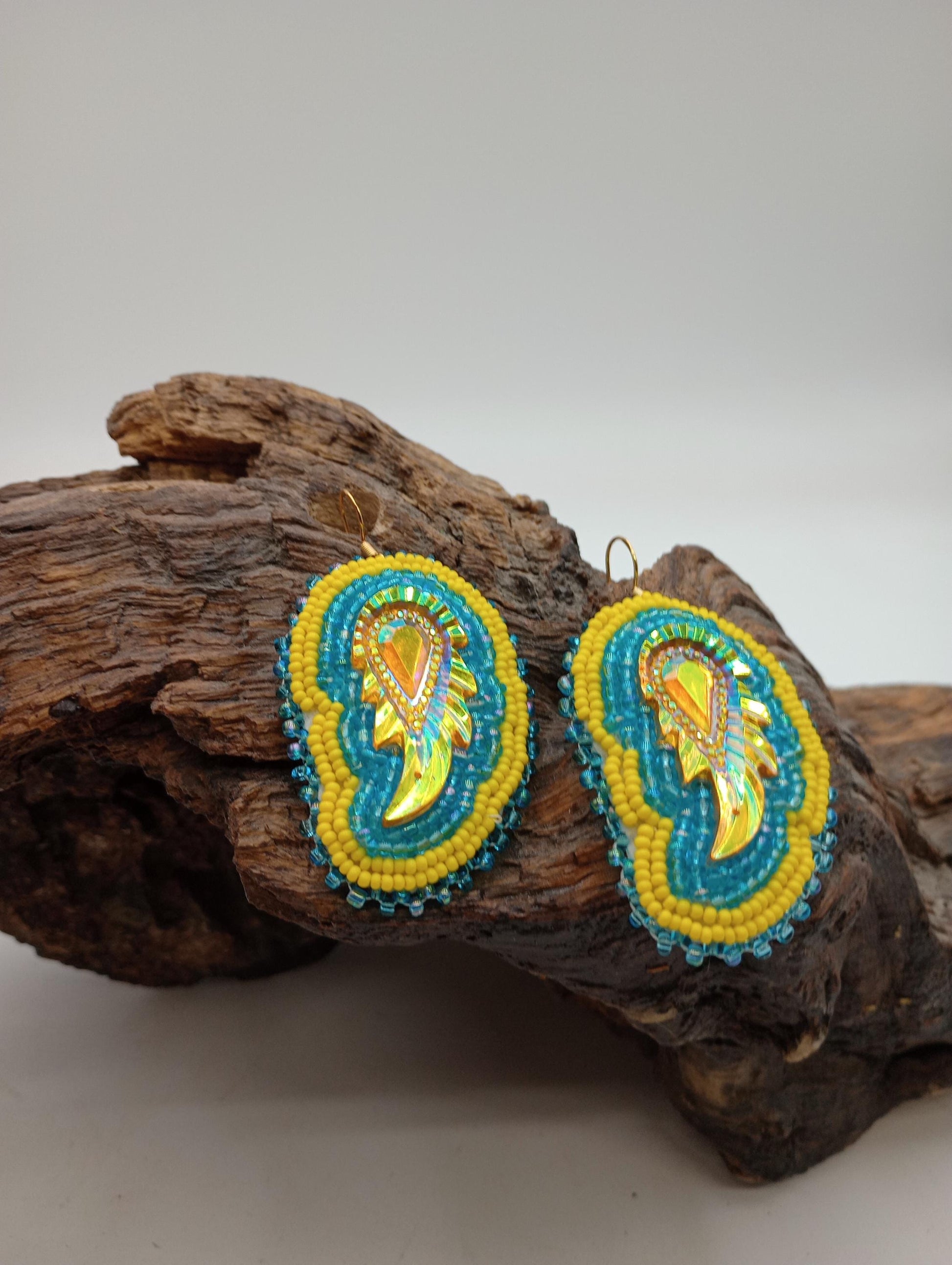 Hand Beaded Earrings: Anishinaabe/Ojibwe Beadwork, Light Blue & Yellow