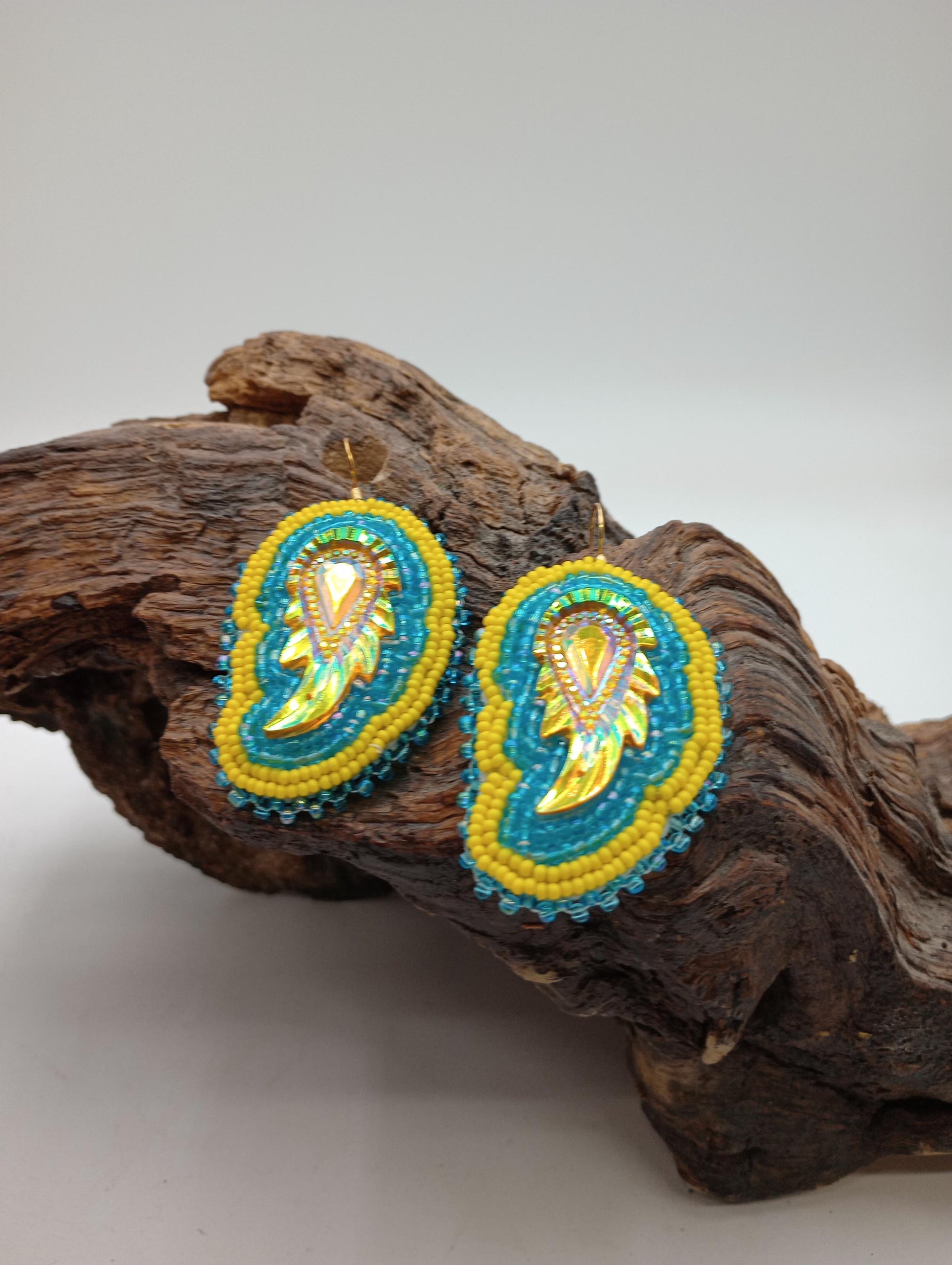 Hand Beaded Earrings: Anishinaabe/Ojibwe Beadwork, Light Blue & Yellow