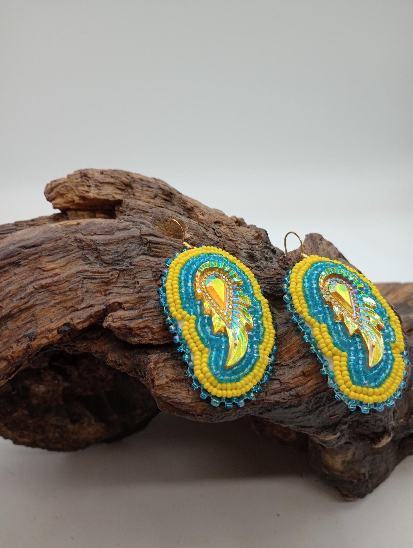 Hand Beaded Earrings: Anishinaabe/Ojibwe Beadwork, Light Blue & Yellow