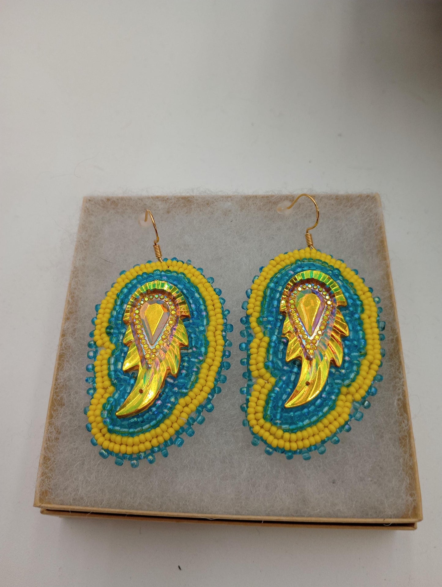 Hand Beaded Earrings: Anishinaabe/Ojibwe Beadwork, Light Blue & Yellow