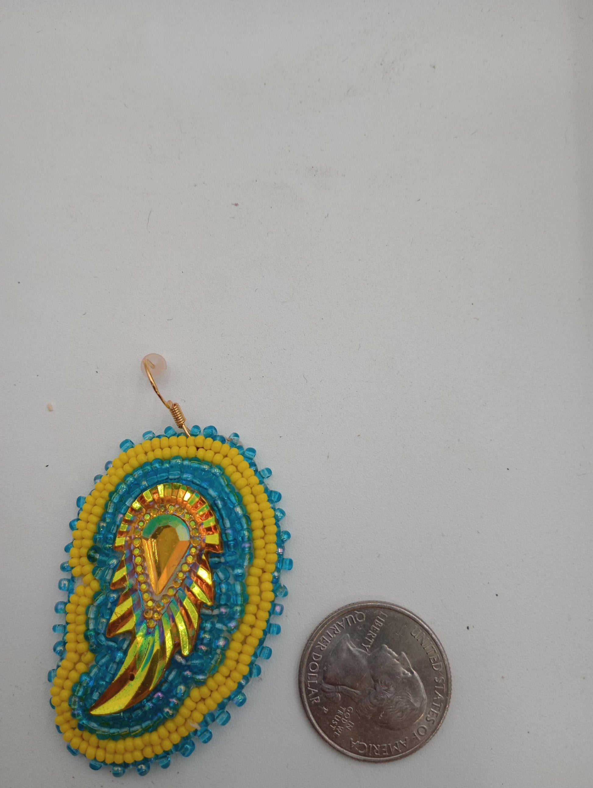 Hand Beaded Earrings: Anishinaabe/Ojibwe Beadwork, Light Blue & Yellow