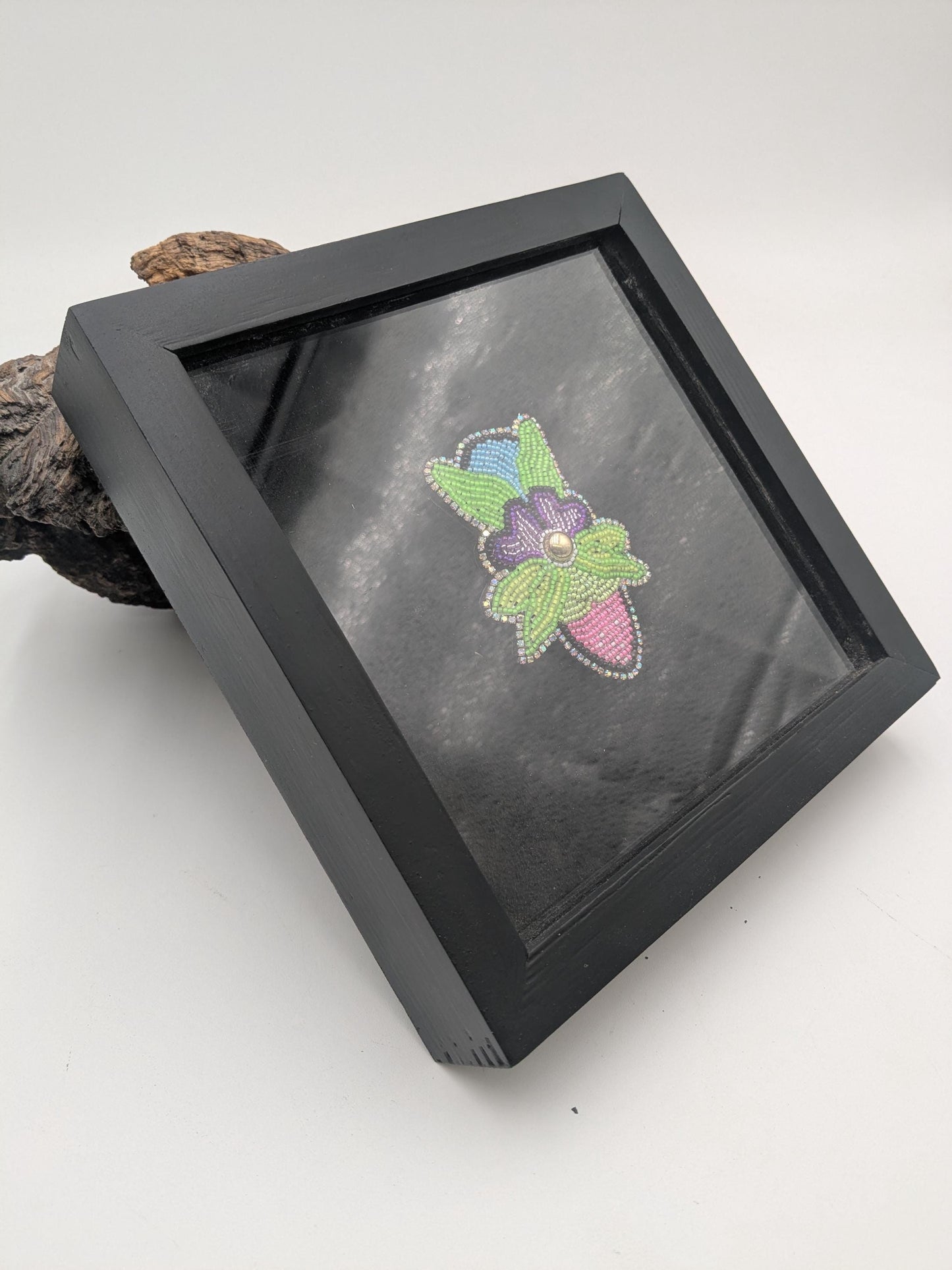 Beaded Floral Velvet Wall Hanging in Shadow Box: Native Decor