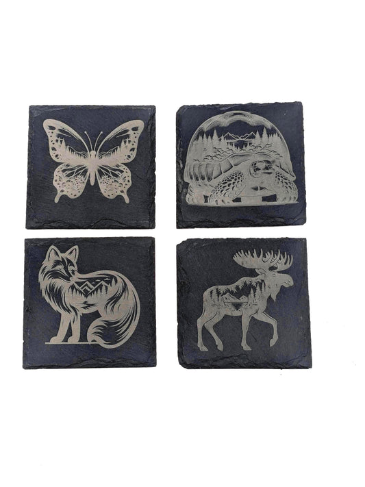 Etched Slate Coasters: Animal & Nature Scenes, Set of 4