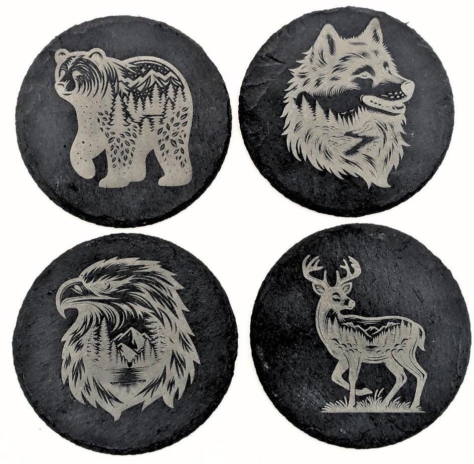 Etched Slate Coaster Set: Wild Spirit Animal Designs, 4-Piece