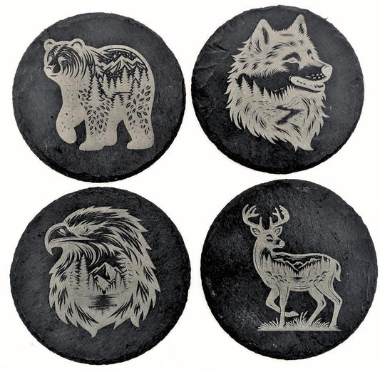 Etched Slate Coaster Set: Wild Spirit Animal Designs, 4-Piece