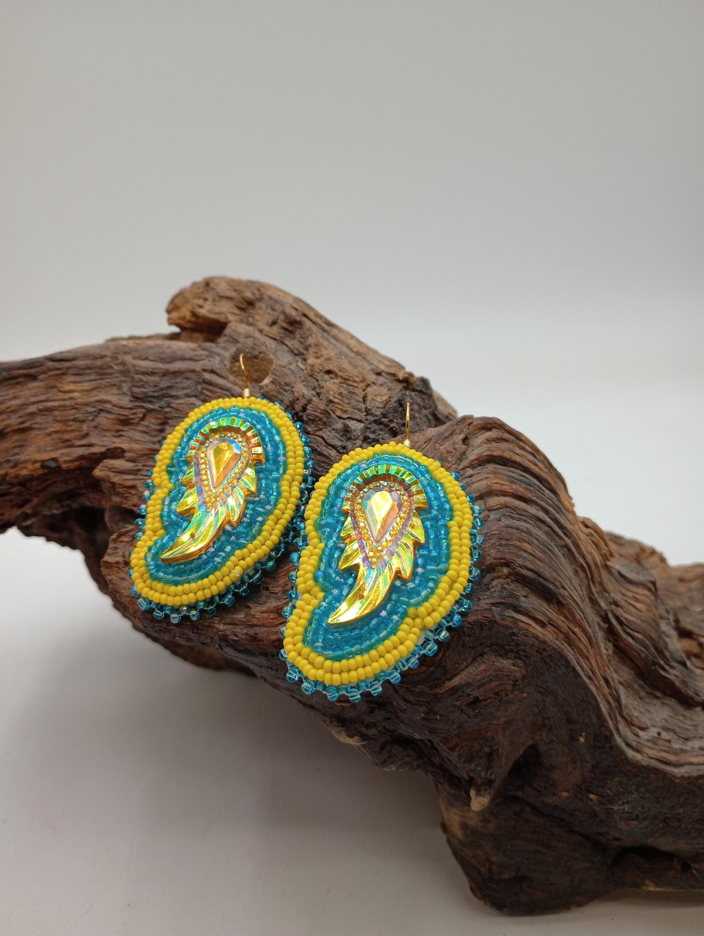 Hand Beaded Earrings: Anishinaabe/Ojibwe Beadwork, Light Blue & Yellow