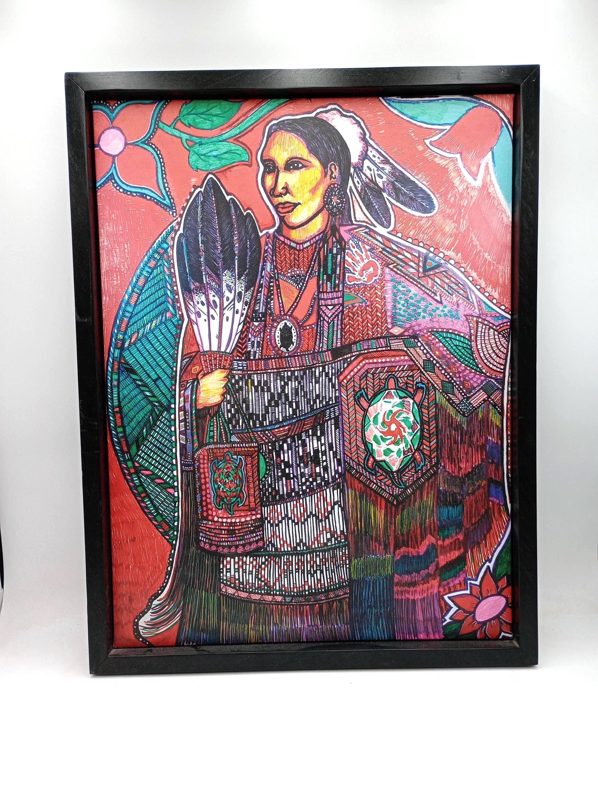 Ojibwe Woman in Regalia Framed Canvas Print by David Edwards (20x26)
