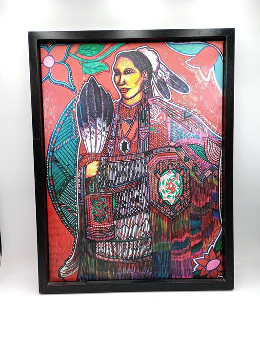 Ojibwe Woman in Regalia Framed Canvas Print by David Edwards (20x26)