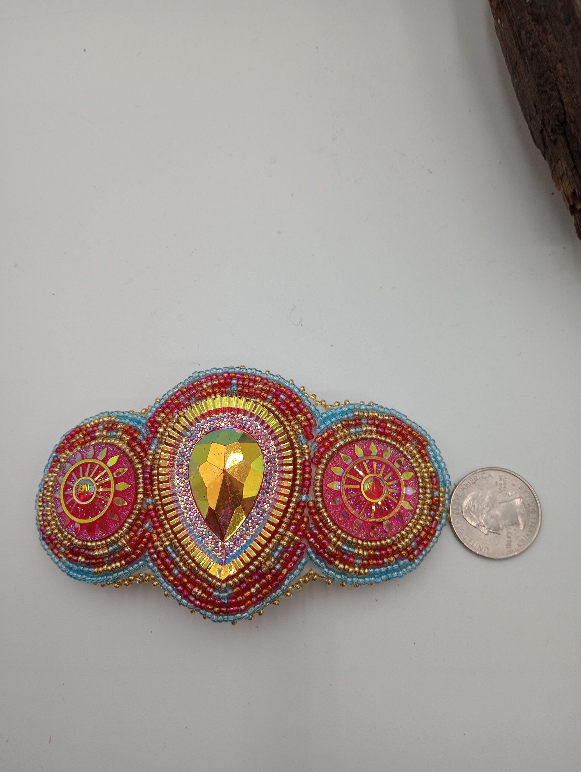 Ojibwe Beaded Hair Barrette: Handcrafted Leather & Metal Clip