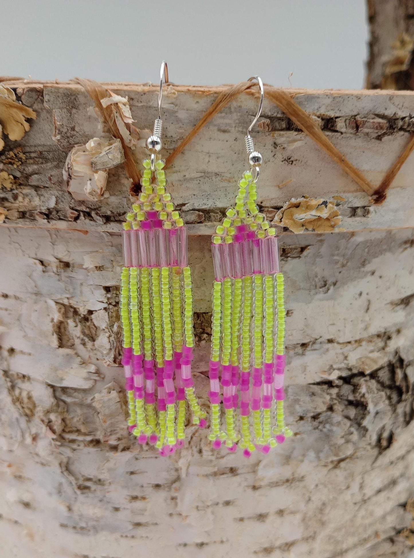 Beaded Fringe Earrings: Anishinaabe Ojibwe Made - 3-inch