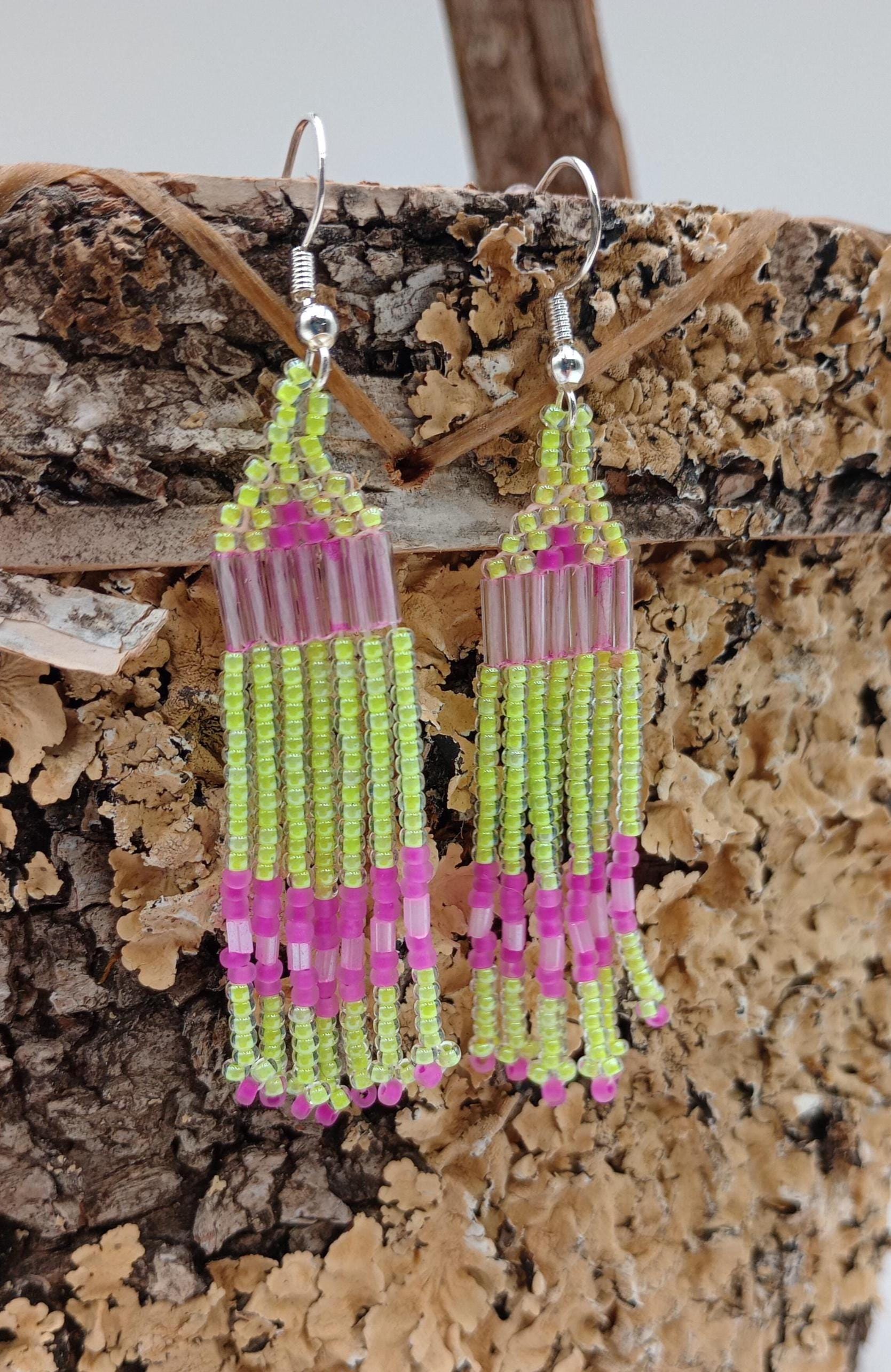 Beaded Fringe Earrings: Anishinaabe Ojibwe Made - 3-inch