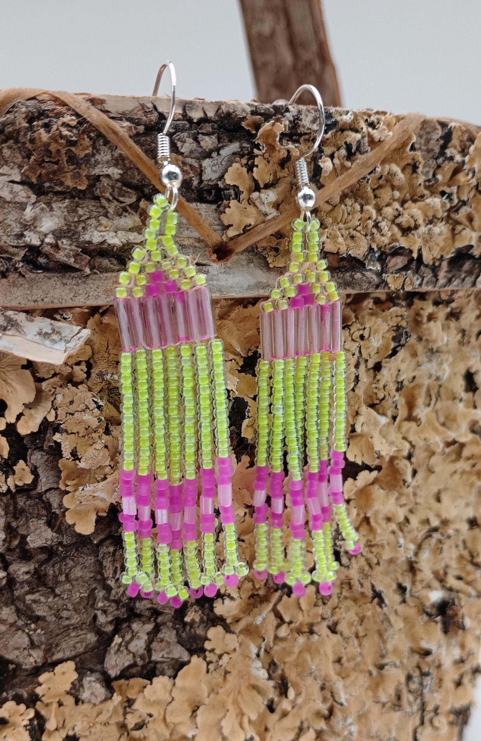 Beaded Fringe Earrings: Anishinaabe Ojibwe Made - 3-inch