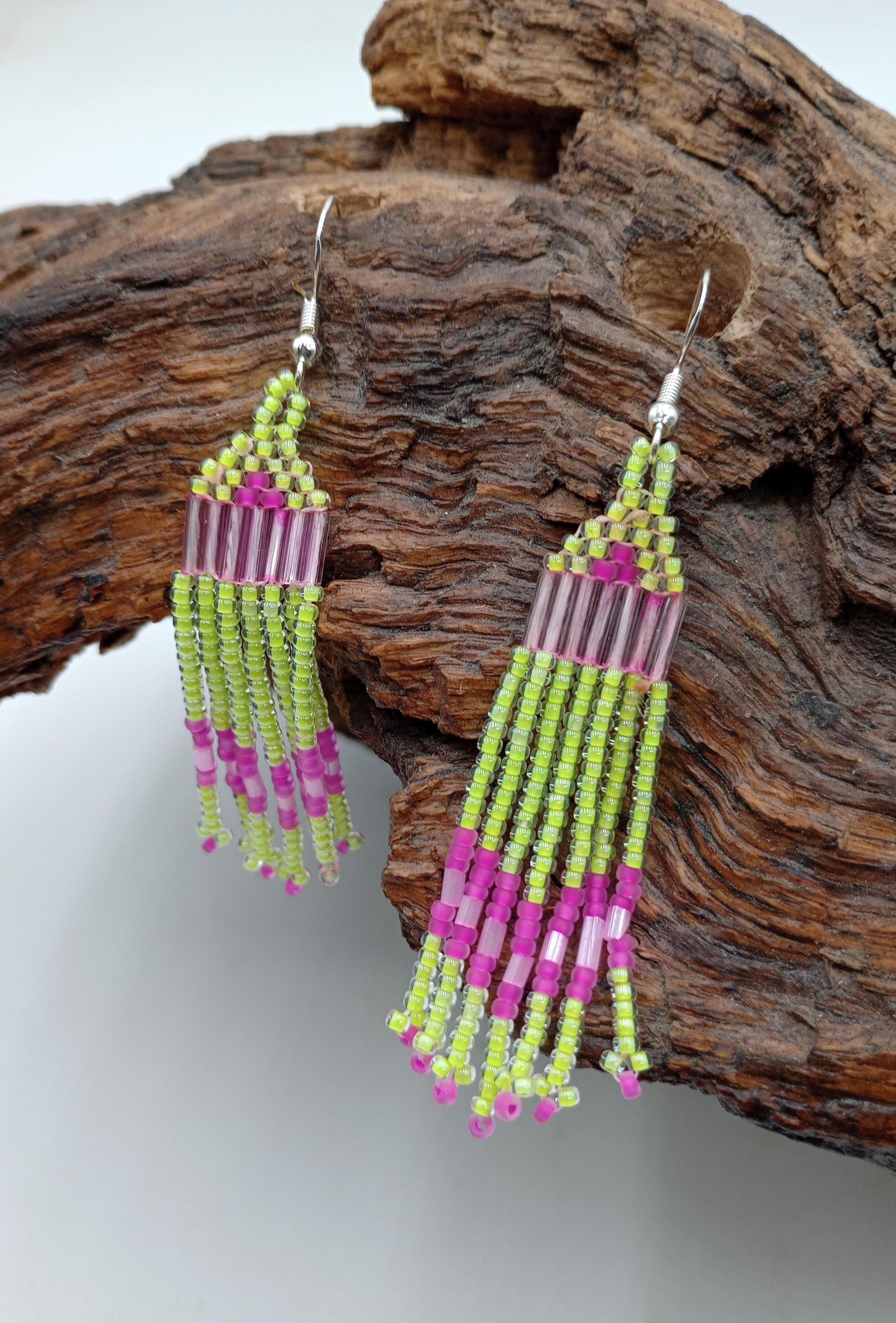 Beaded Fringe Earrings: Anishinaabe Ojibwe Made - 3-inch