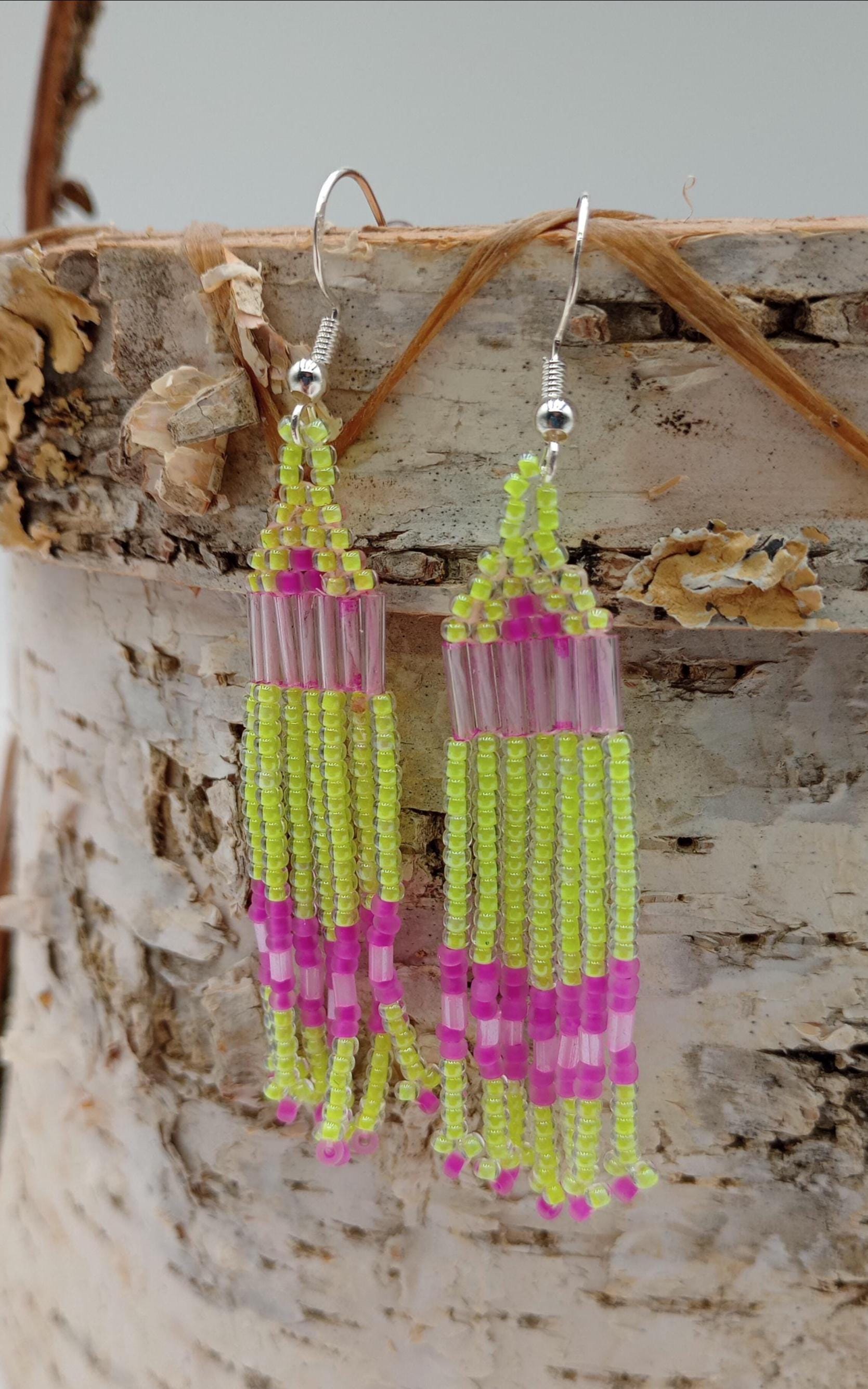 Beaded Fringe Earrings: Anishinaabe Ojibwe Made - 3-inch