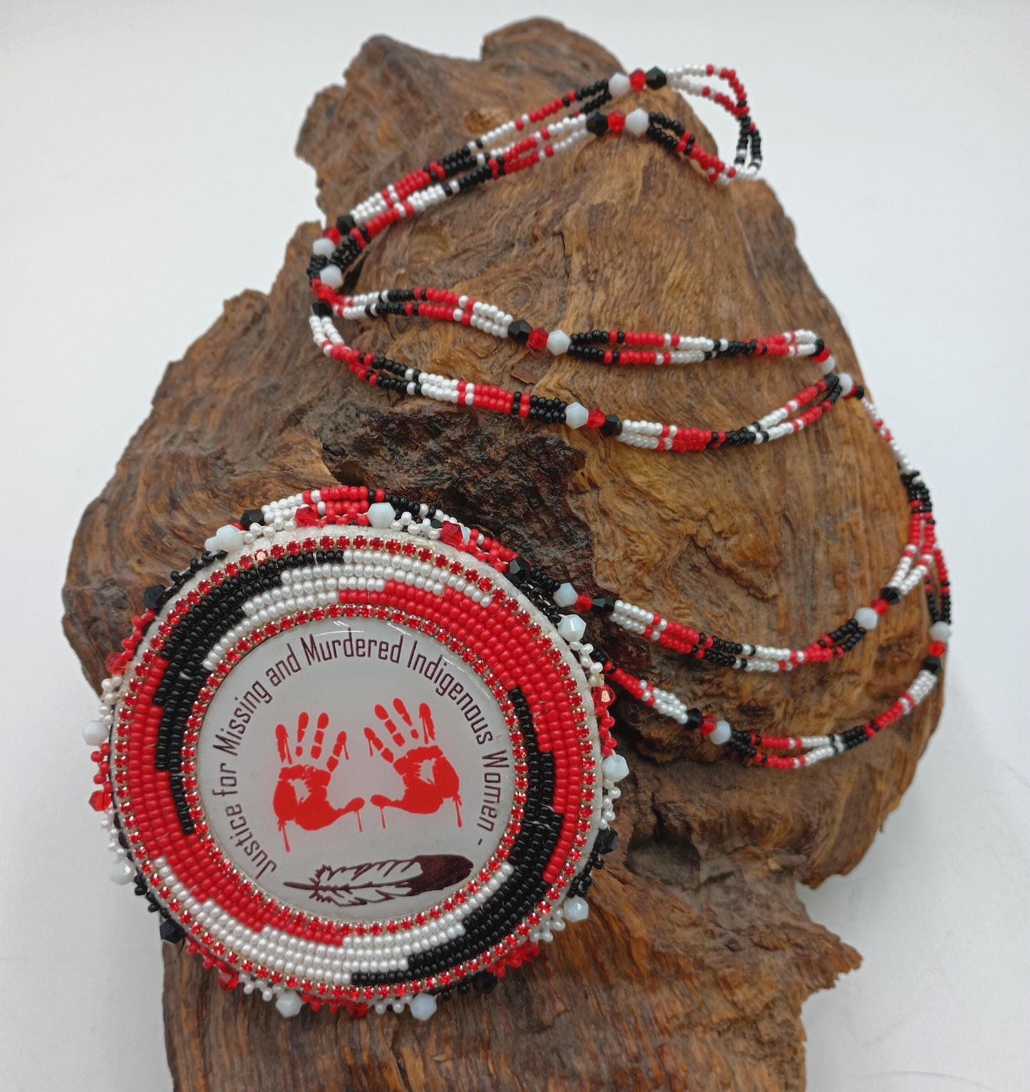 Hand Beaded MMIW Medallion Necklace – Anishinaabe Ojibwe Artisan Made