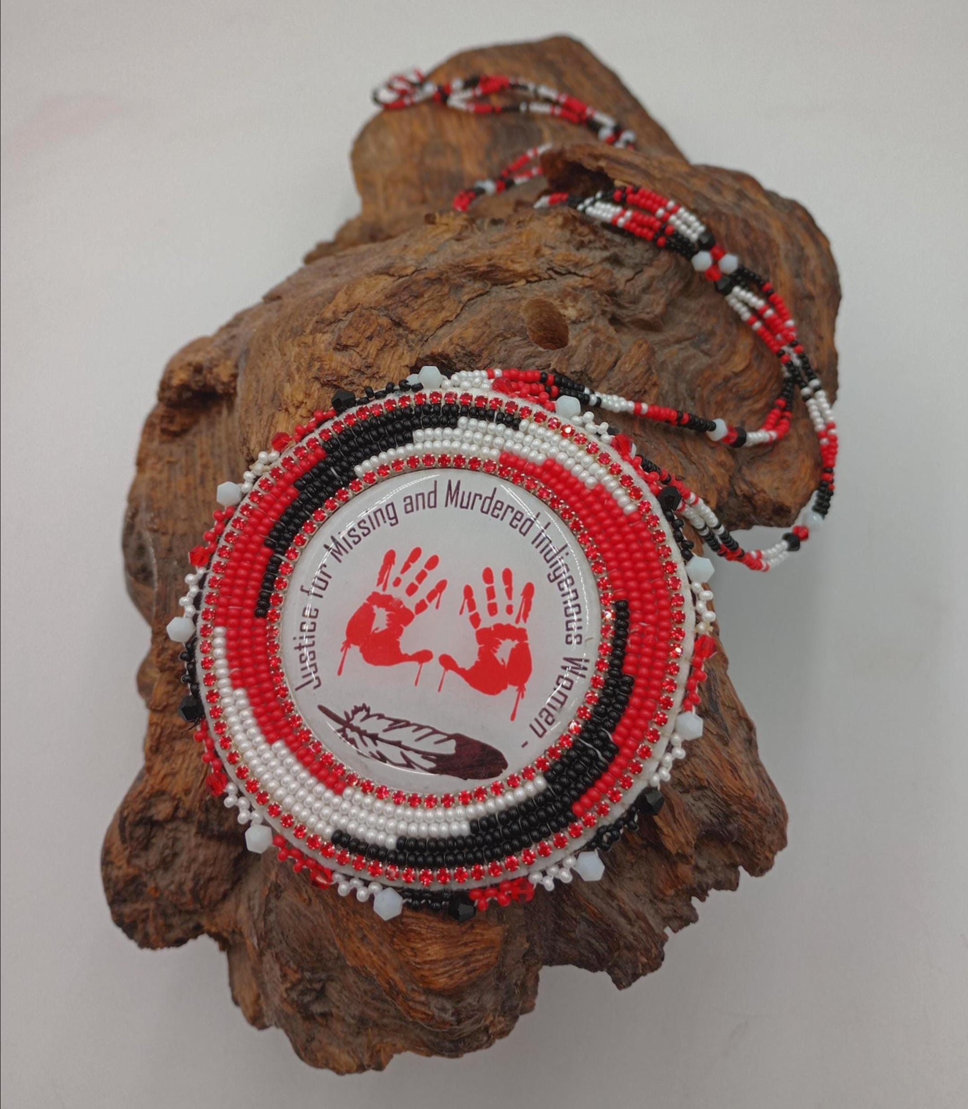 Hand Beaded MMIW Medallion Necklace – Anishinaabe Ojibwe Artisan Made