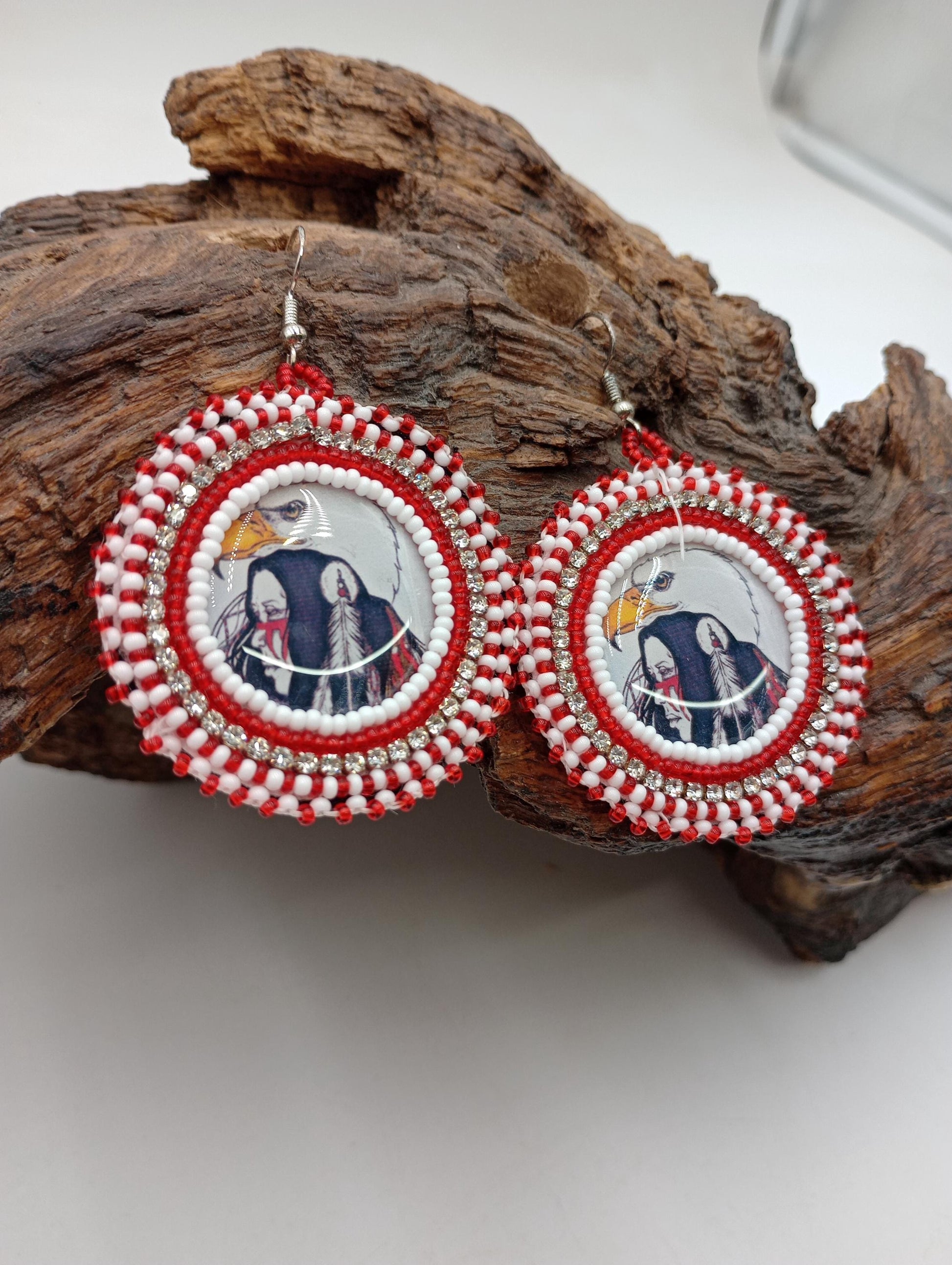 Hand Beaded Anishinaabe/Ojibwe Earrings: Red, Black, & Reflective