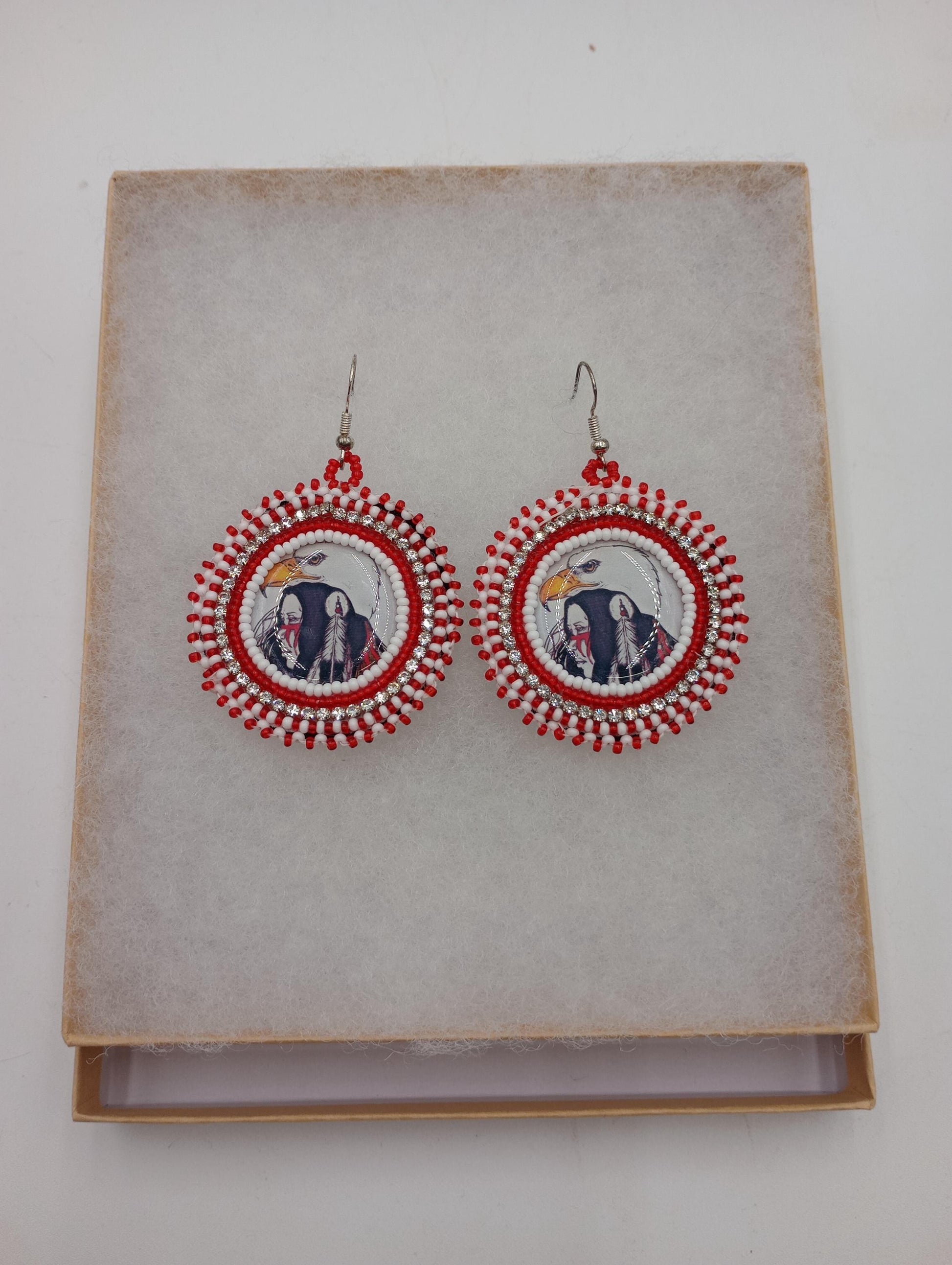 Hand Beaded Anishinaabe/Ojibwe Earrings: Red, Black, & Reflective
