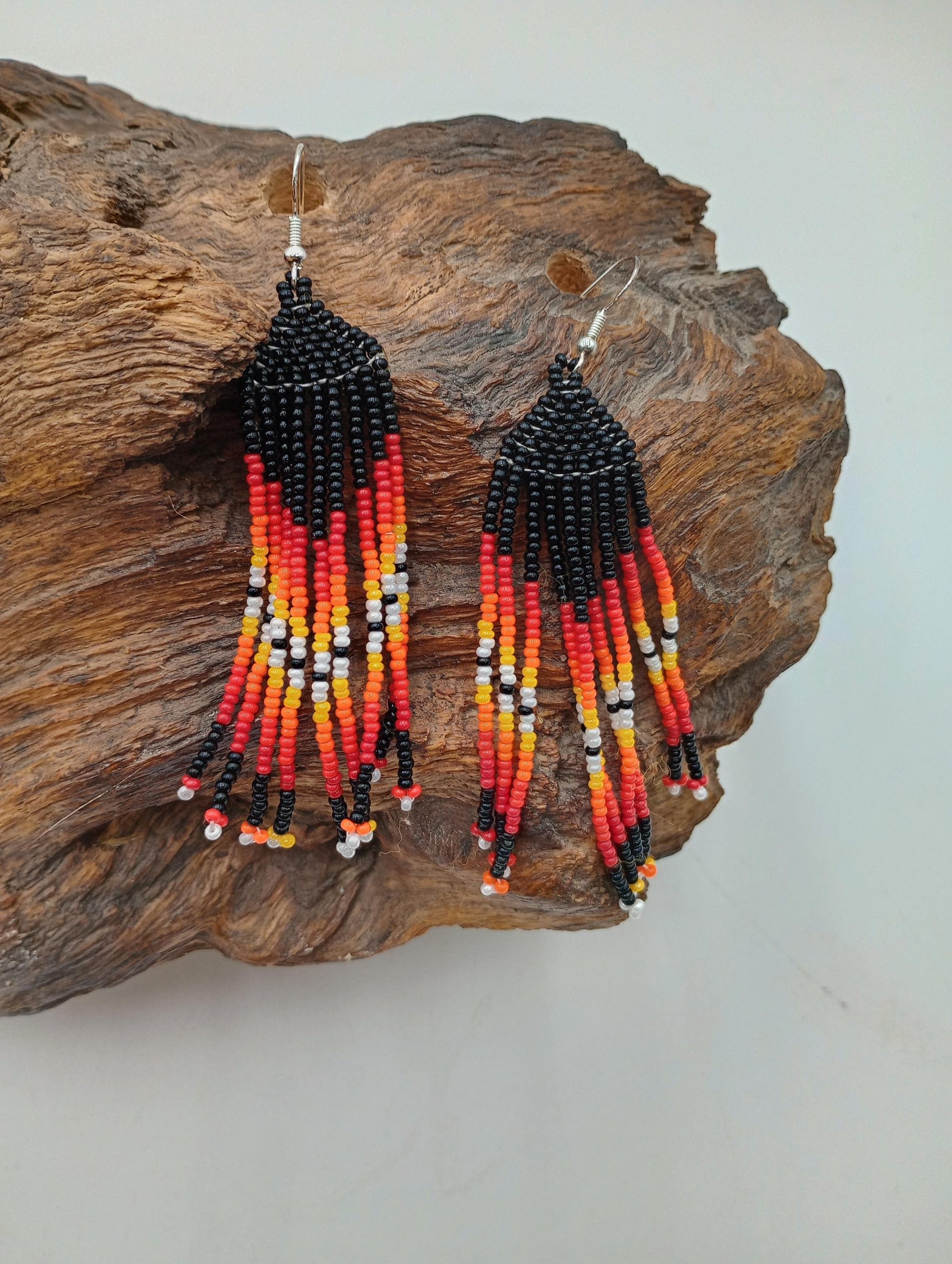 Hand Beaded Fire Color Fringe Earrings - Authentic Anishinaabe/Ojibwe Beadwork -