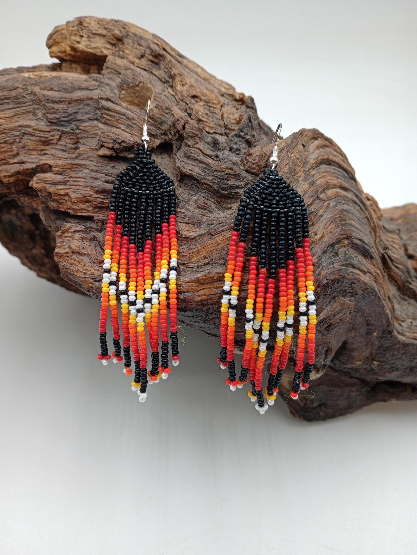 Hand Beaded Fire Color Fringe Earrings - Authentic Anishinaabe/Ojibwe Beadwork -