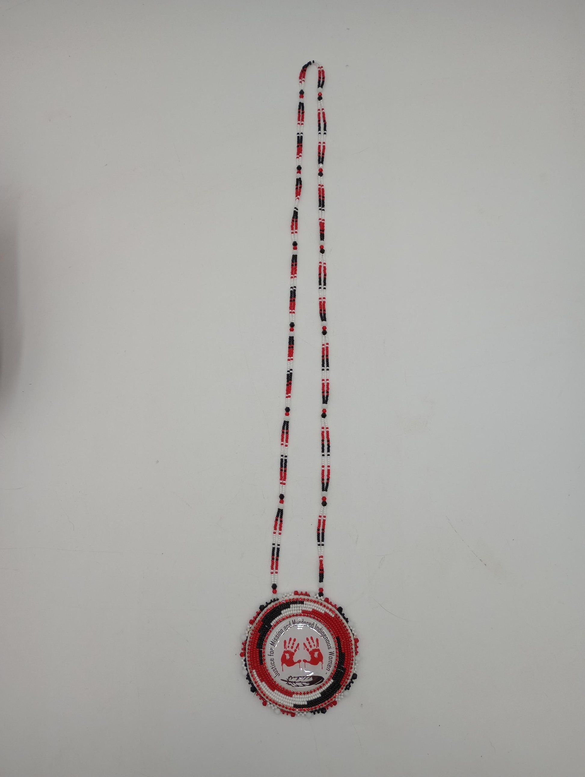 Hand Beaded MMIW Medallion Necklace – Anishinaabe Ojibwe Artisan Made