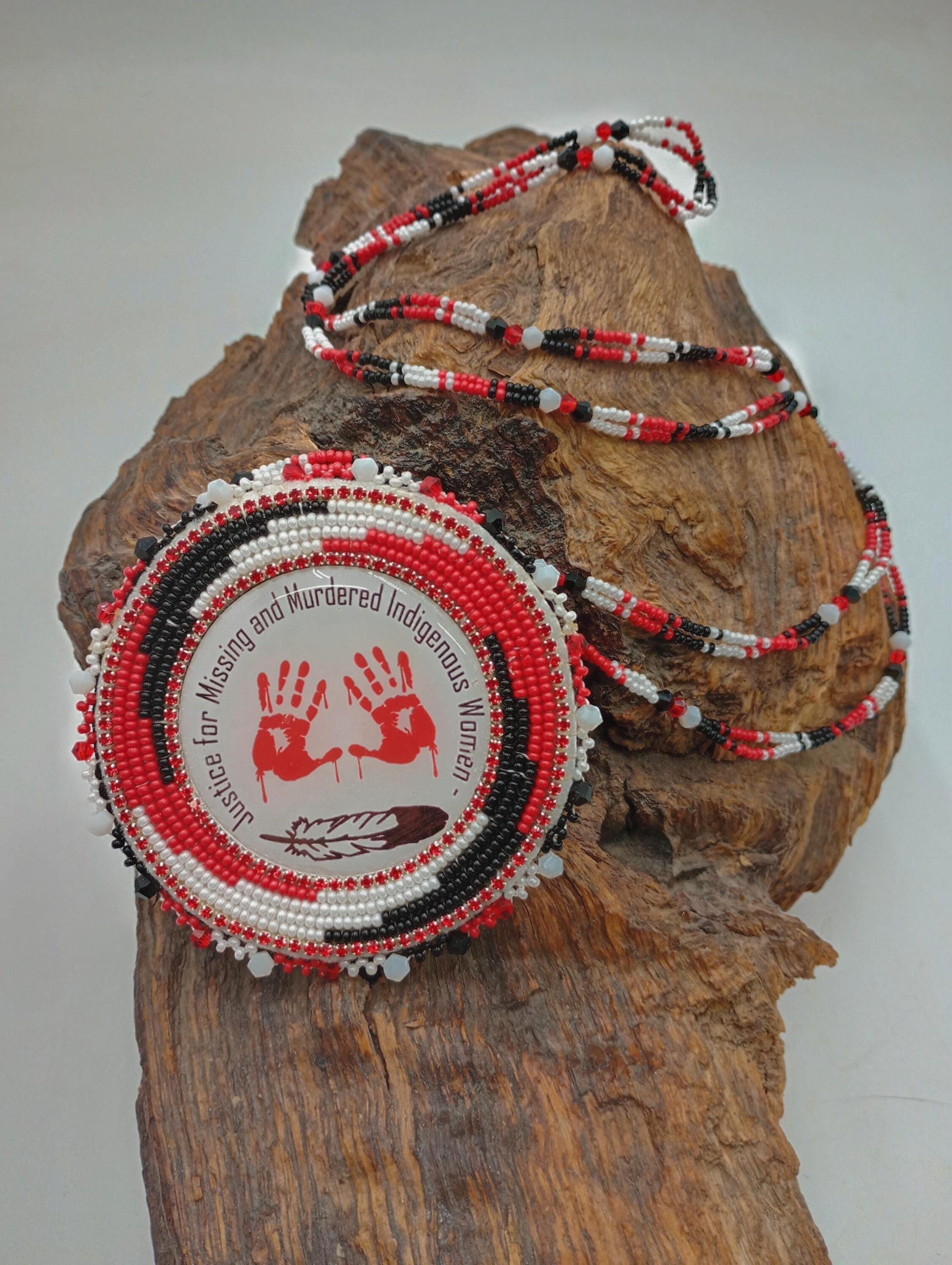 Hand Beaded MMIW Medallion Necklace – Anishinaabe Ojibwe Artisan Made